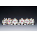 Five Chinese famille rose cups and six saucers with floral decor, Yongzheng/Qianlong