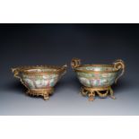 Two Chinese Canton famille rose bowls with gilt bronze mounts, 19th C.