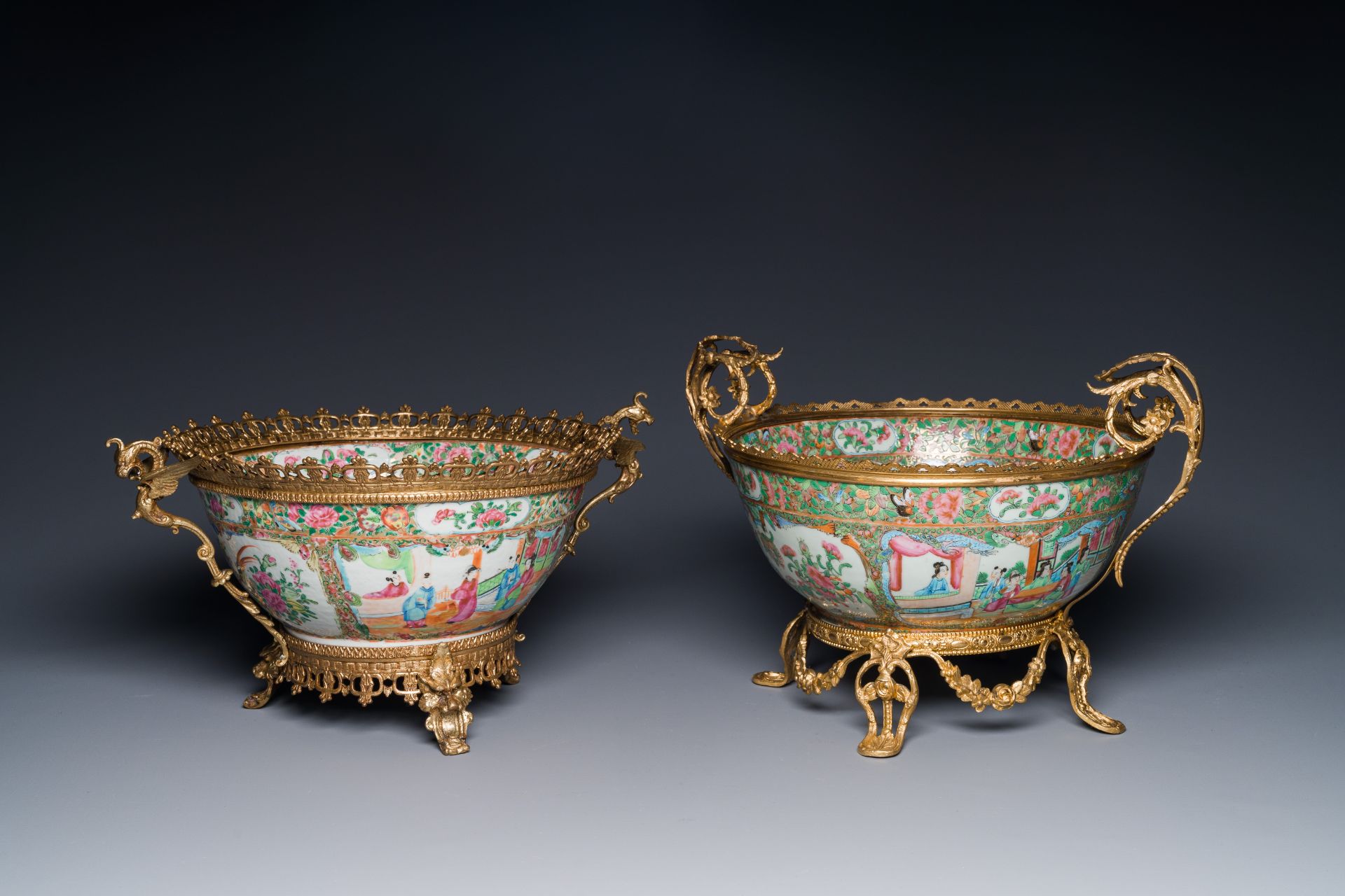 Two Chinese Canton famille rose bowls with gilt bronze mounts, 19th C.