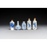 Five various Chinese blue and white snuff bottles, Yongzheng mark, 19/20th