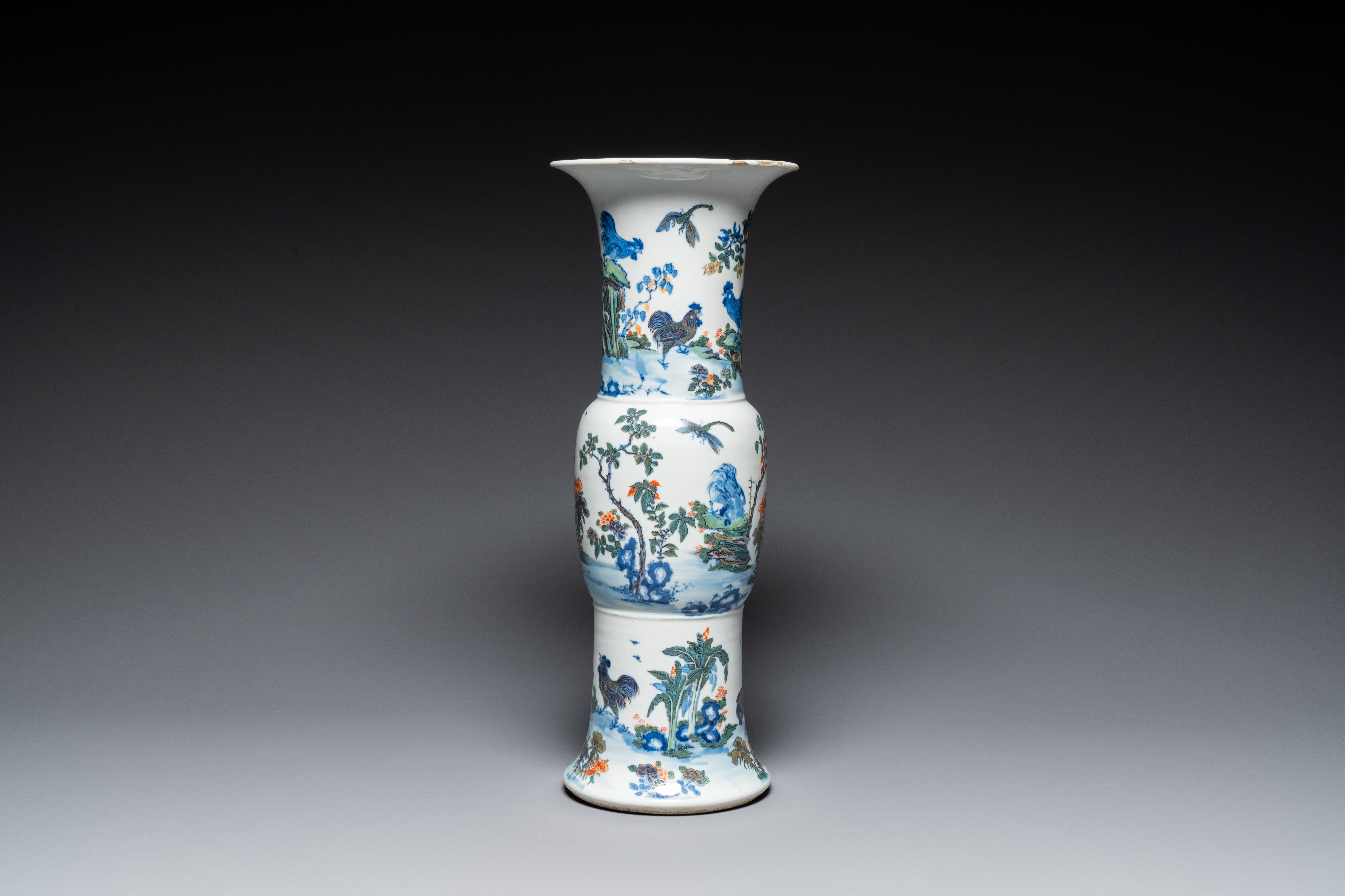 A Chinese doucai 'gu' vase with roosters, Qianlong mark, 19th C - Image 3 of 6
