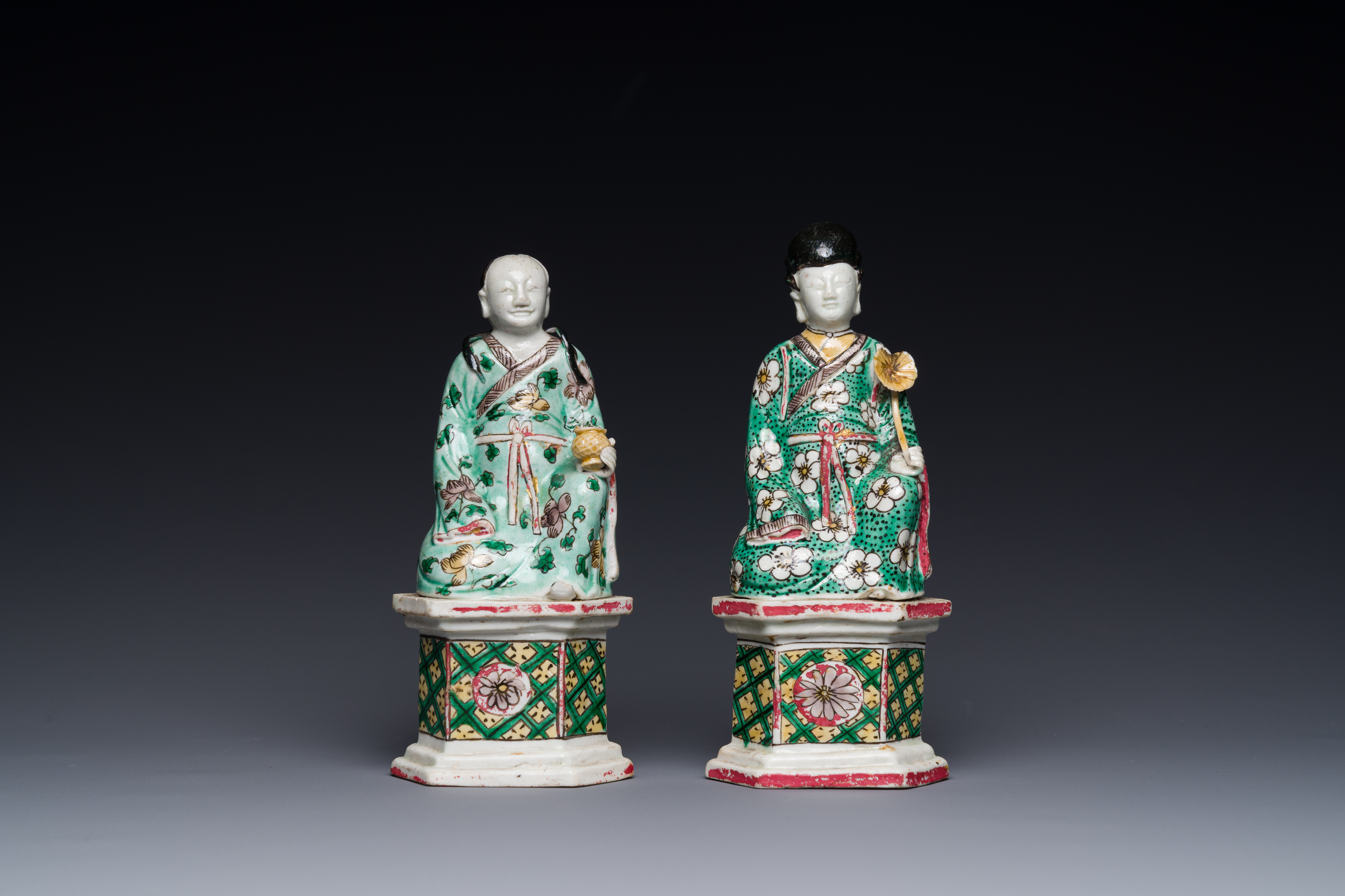 Two Chinese verte biscuit figures on stands, Kangxi - Image 2 of 4