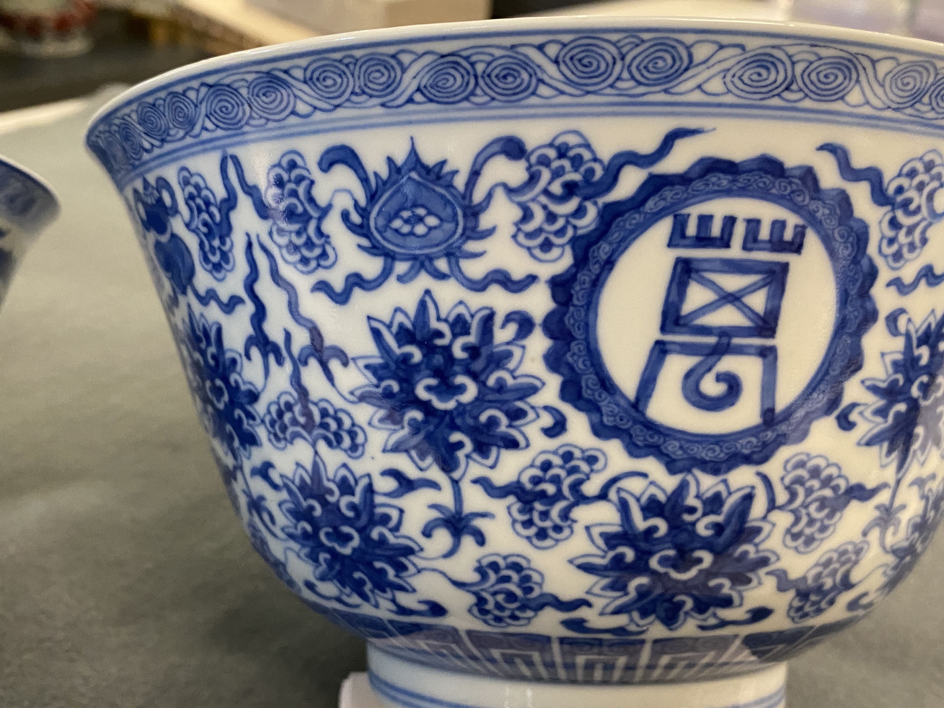 A pair of Chinese blue and white 'wan shou wu jiang' bowls, Qianlong mark and of the period - Image 11 of 40