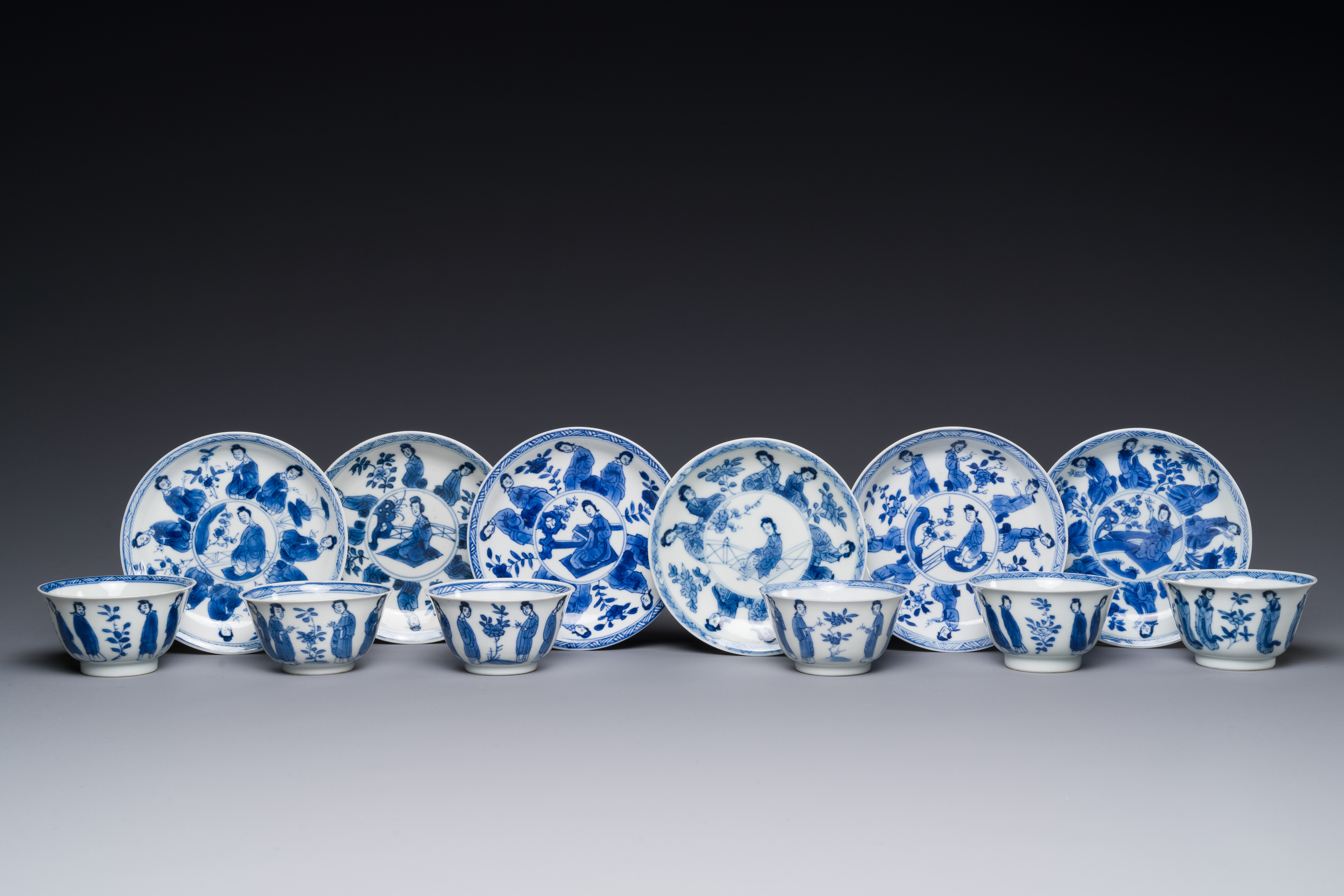 Six Chinese blue and white 'Long Eliza' cups and saucers, various marks, Kangxi