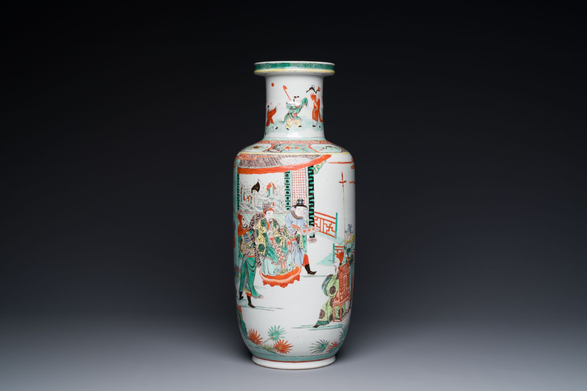 A Chinese famille verte rouleau vase with narrative design, 19th C.