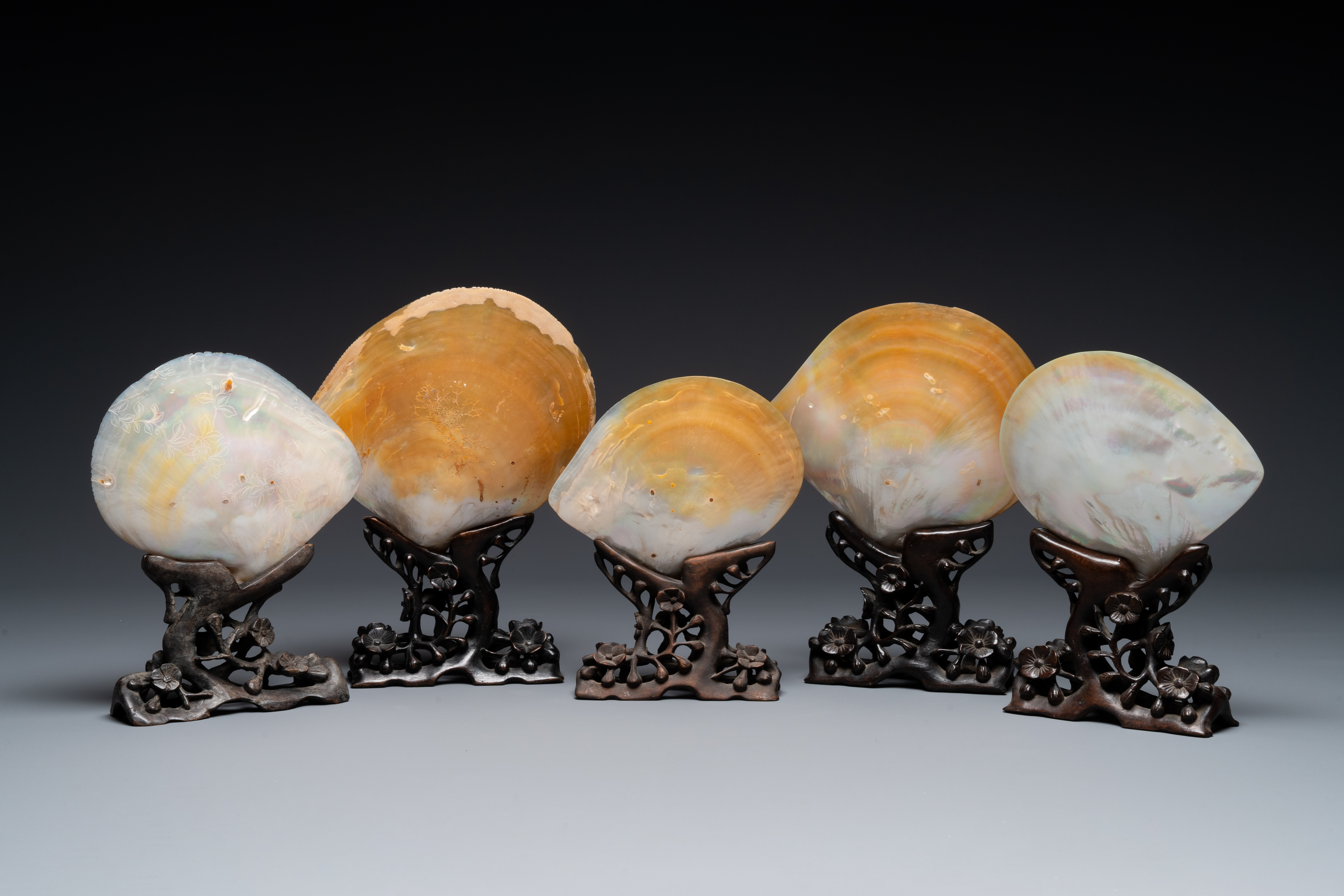 Five Chinese carved mother-of-pearl shells on wooden stands, Canton, 19th C. - Image 7 of 7