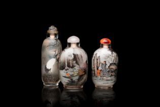 Three Chinese inside-painted glass snuff bottles, 20th C.