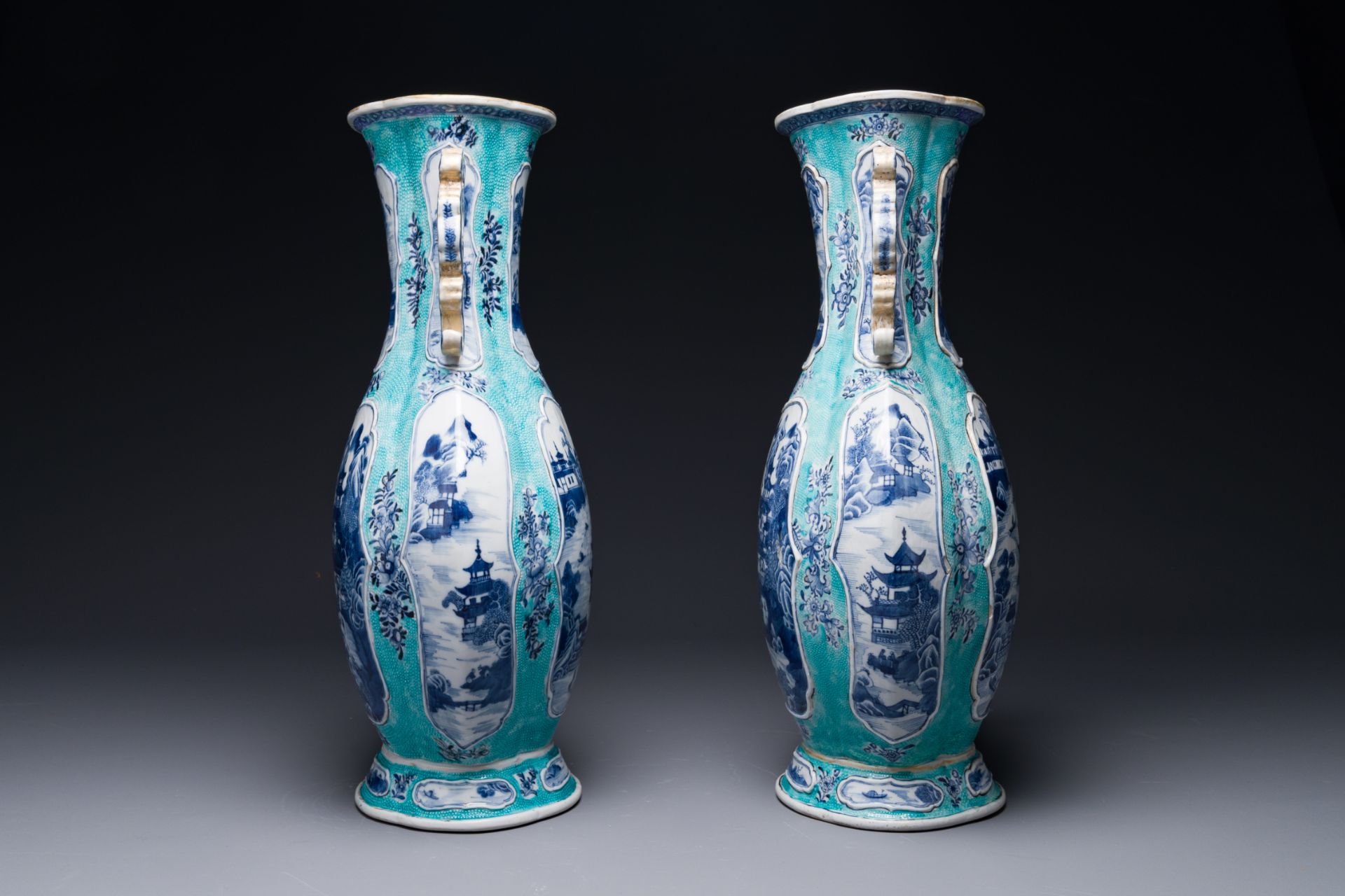 A pair of Chinese turquoise-ground blue and white vases depicting the Whampoa Pagoda and the Pearl R - Image 2 of 6