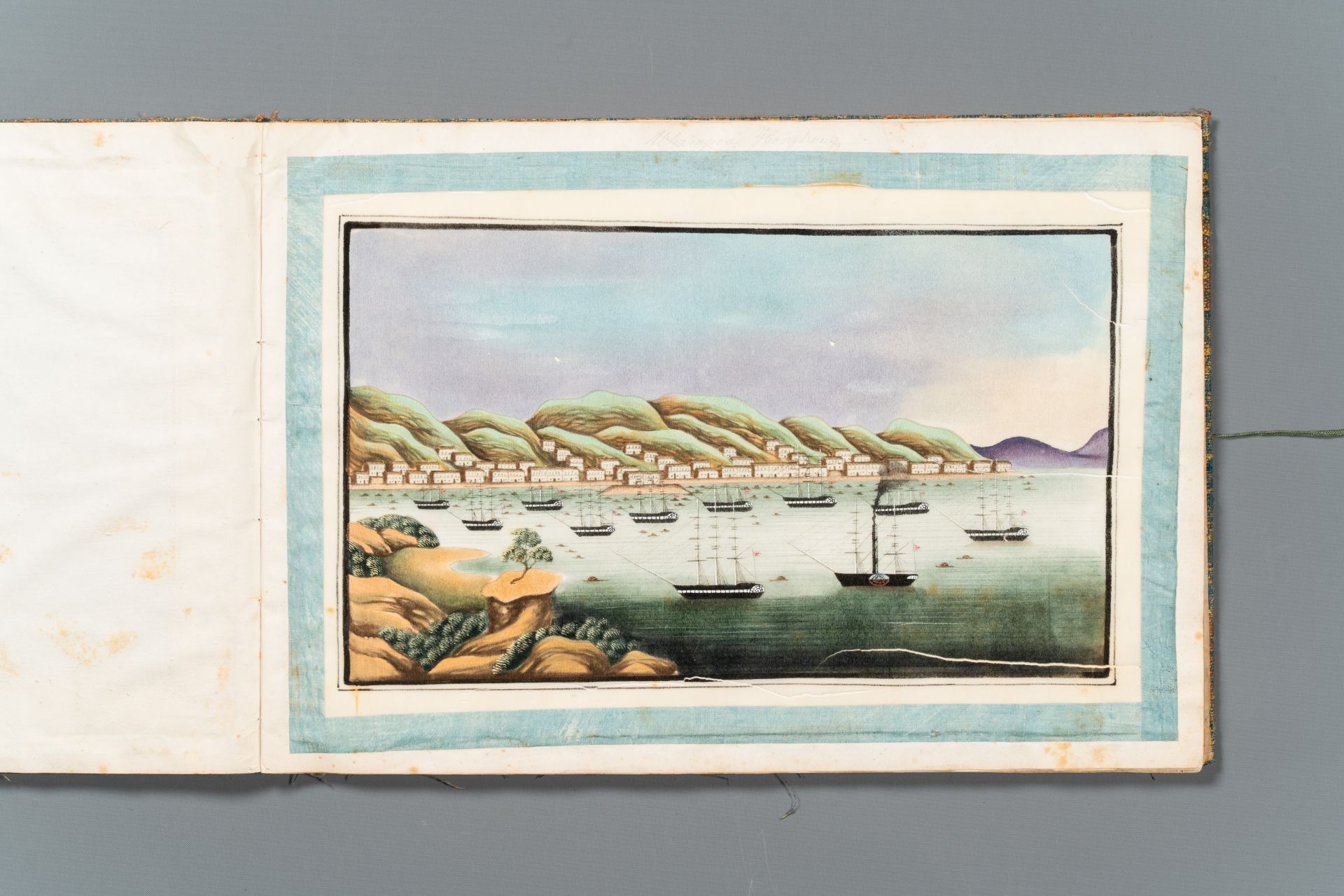 A rare album with Chinese rice paper paintings of 'Hong' views, figures and ships, Canton, Foekhing - Image 3 of 14