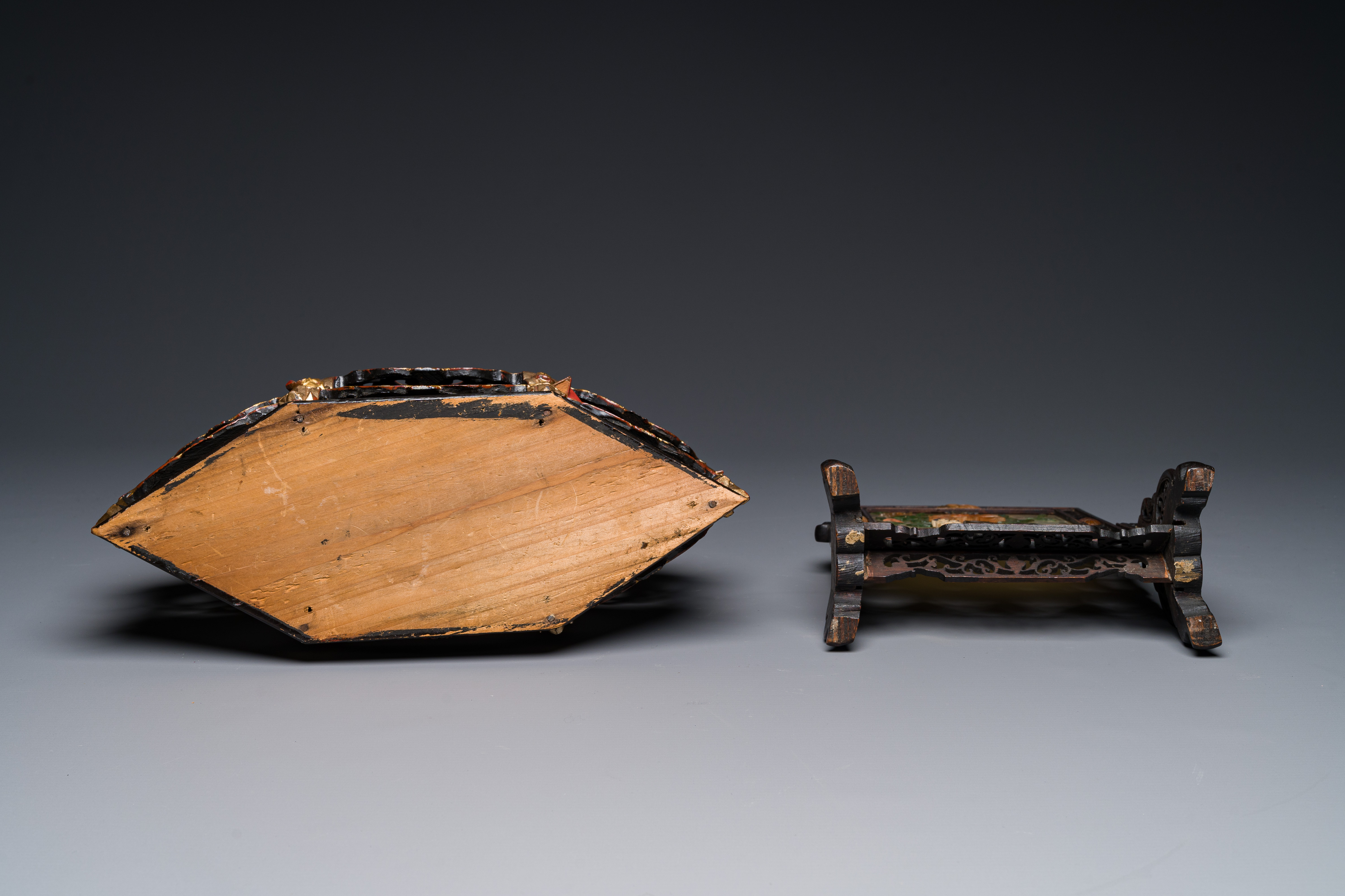 A Chinese wooden table screen with precious stones and an altar piece or 'chanab' for the Straits or - Image 3 of 3