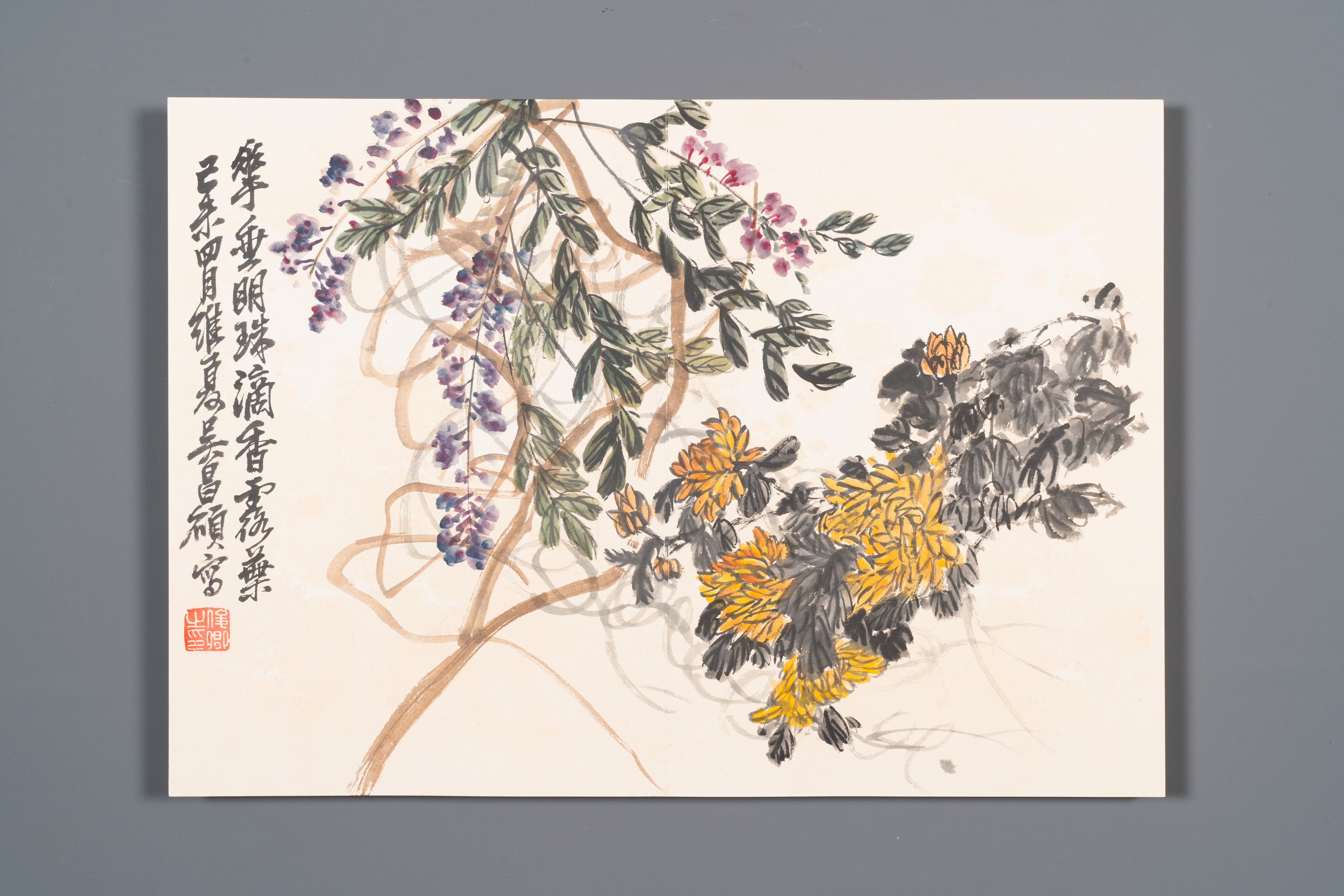 Wu Changshuo å´æ˜Œç¡• (1844-1927): Album with 10 floral works accompanied by calligraphy, ink and c - Image 12 of 14