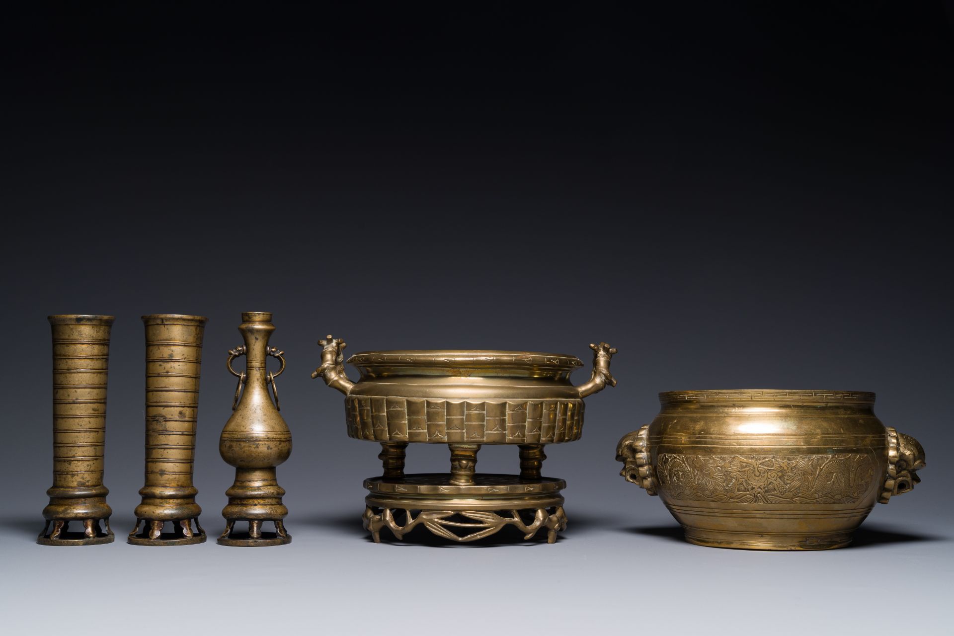Two Chinese bronze censers, one with stand and three vases, Xuande mark, 19/20th C. - Image 2 of 5