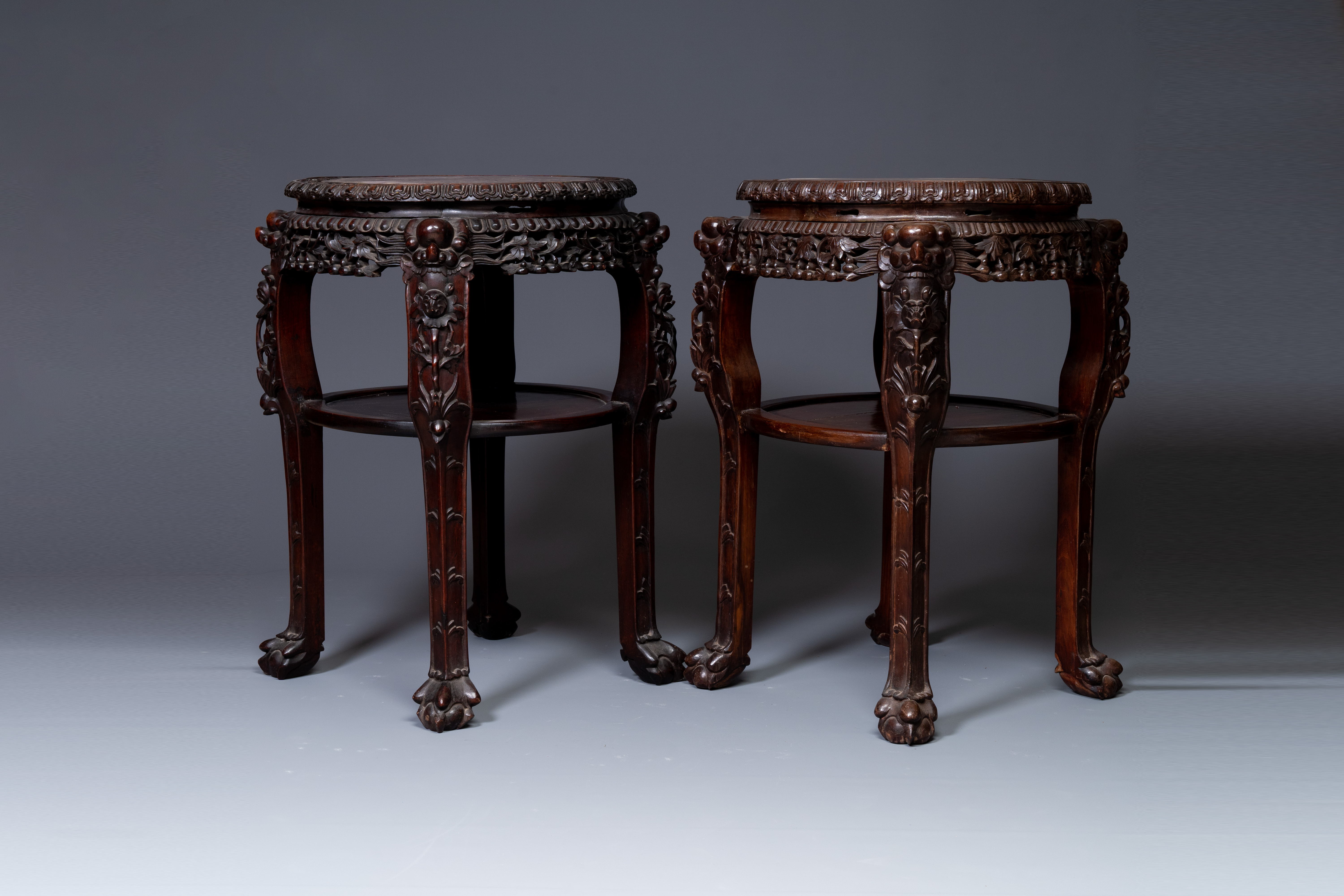 A pair of large Chinese carved wooden stands with marble tops, 19th C. - Image 2 of 5