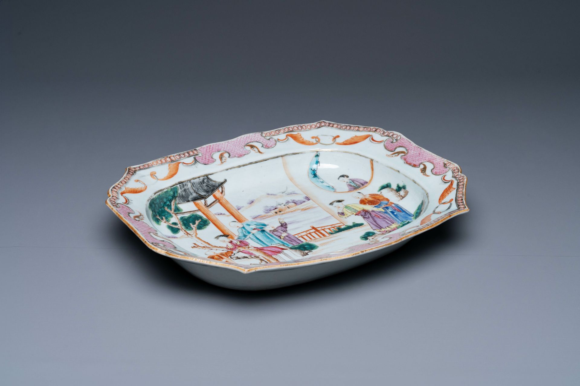 A large octagonal Chinese famille rose 'mandarin subject' dish, Qianlong - Image 3 of 3