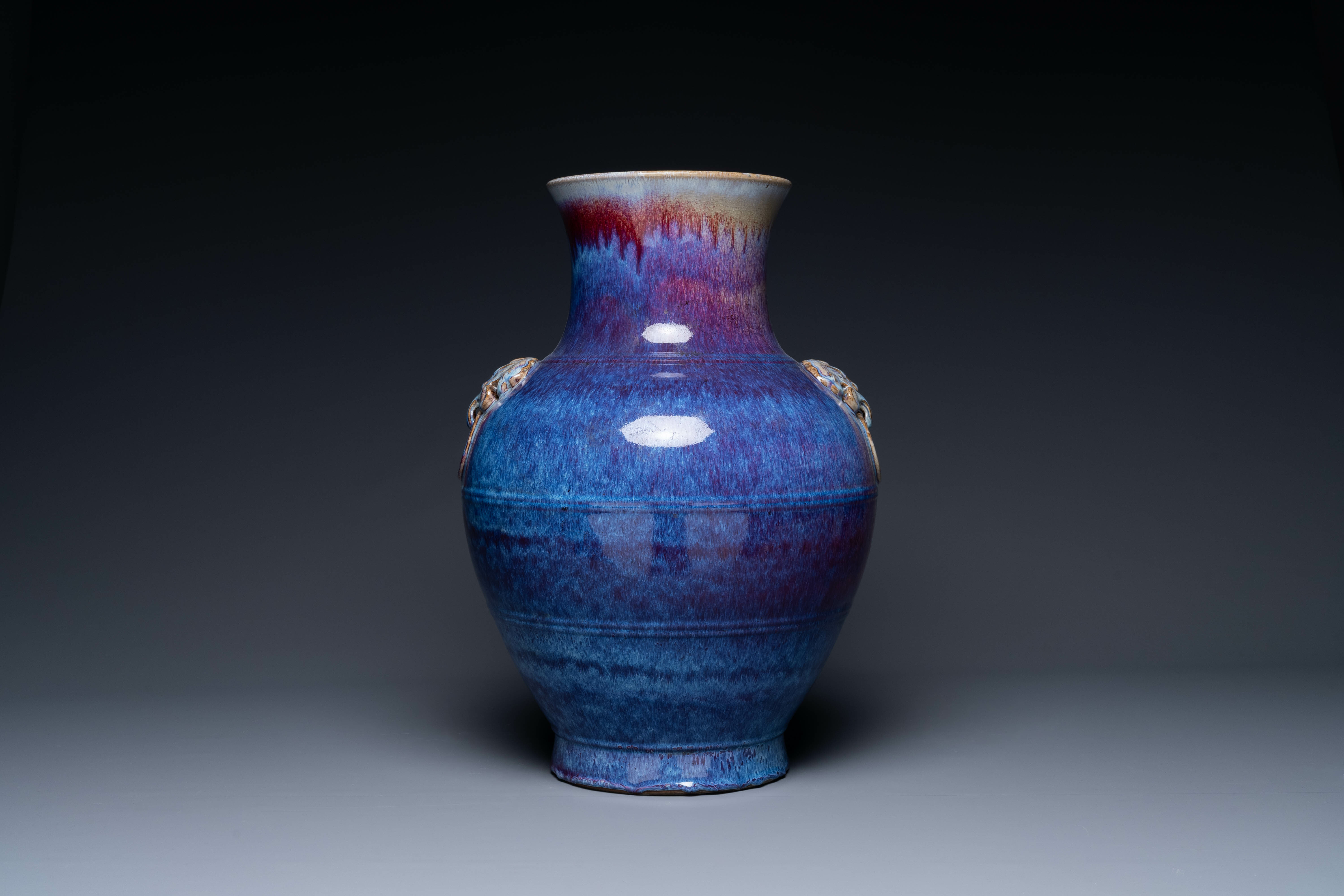 A large Chinese flambe glaze 'hu' vase with taotie handles, Qing - Image 3 of 6