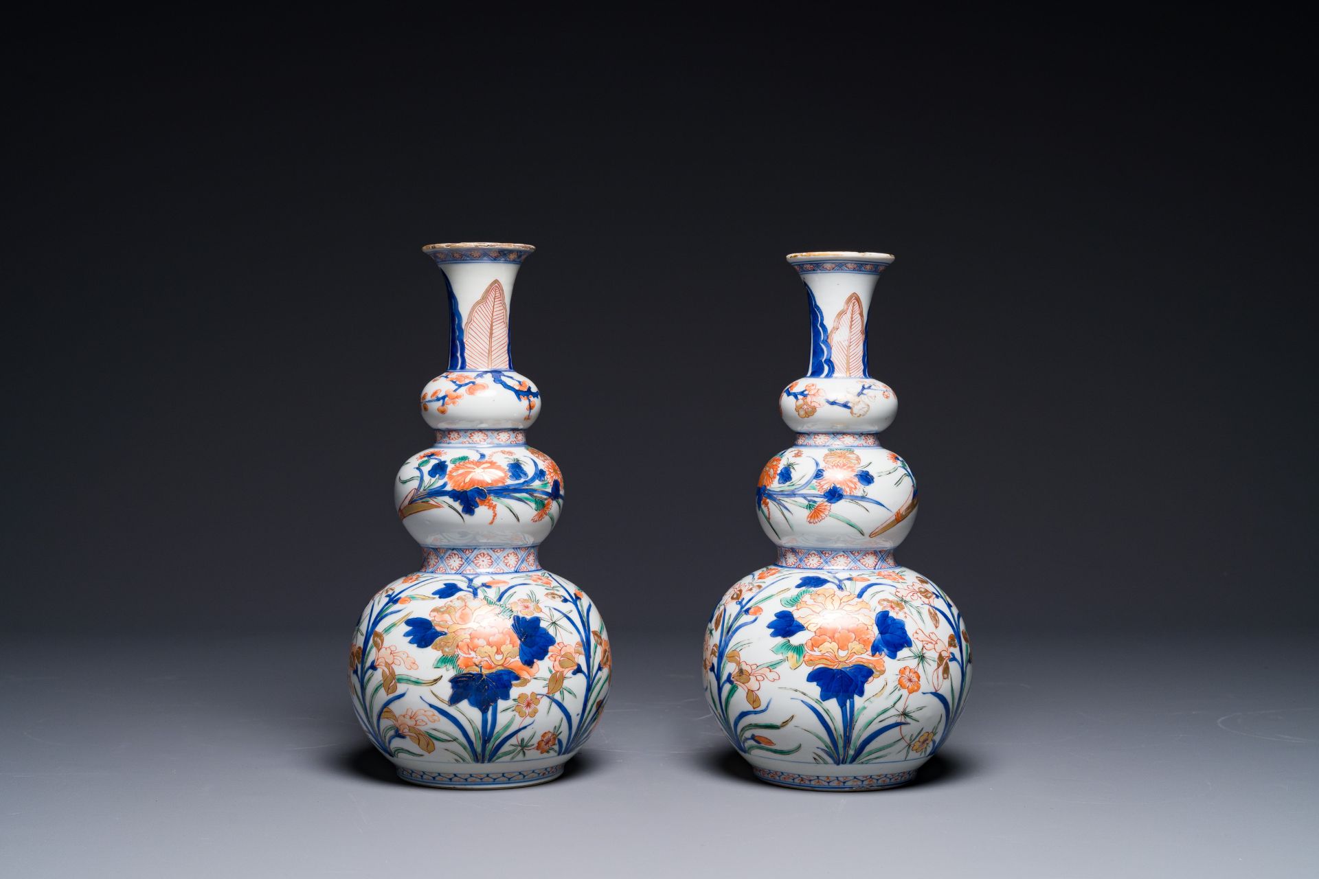 A pair of Chinese verte-Imari triple gourd vases, Kangxi