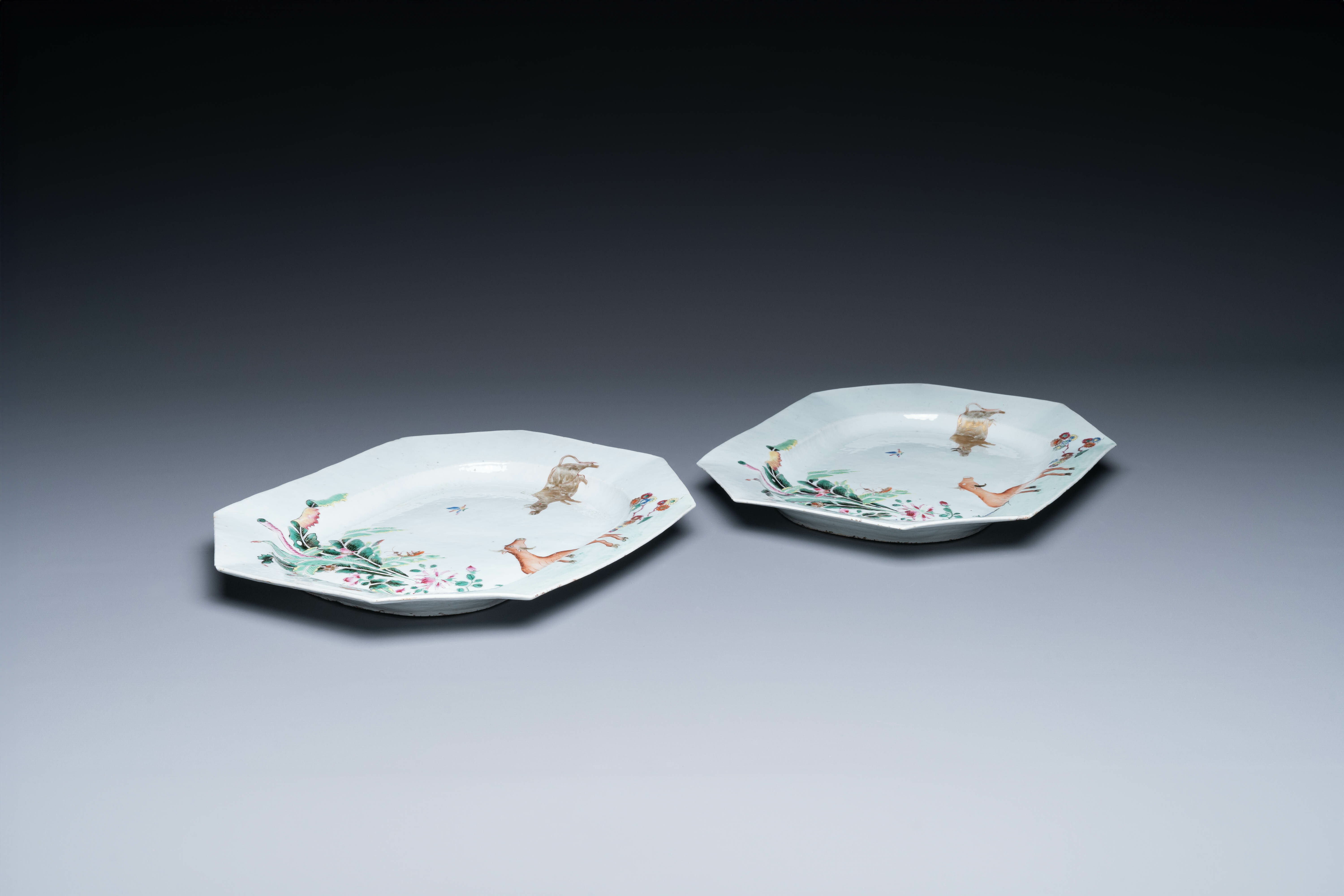 A pair of Chinese octagonal famille rose 'water buffalo' dishes, Qianlong - Image 3 of 3