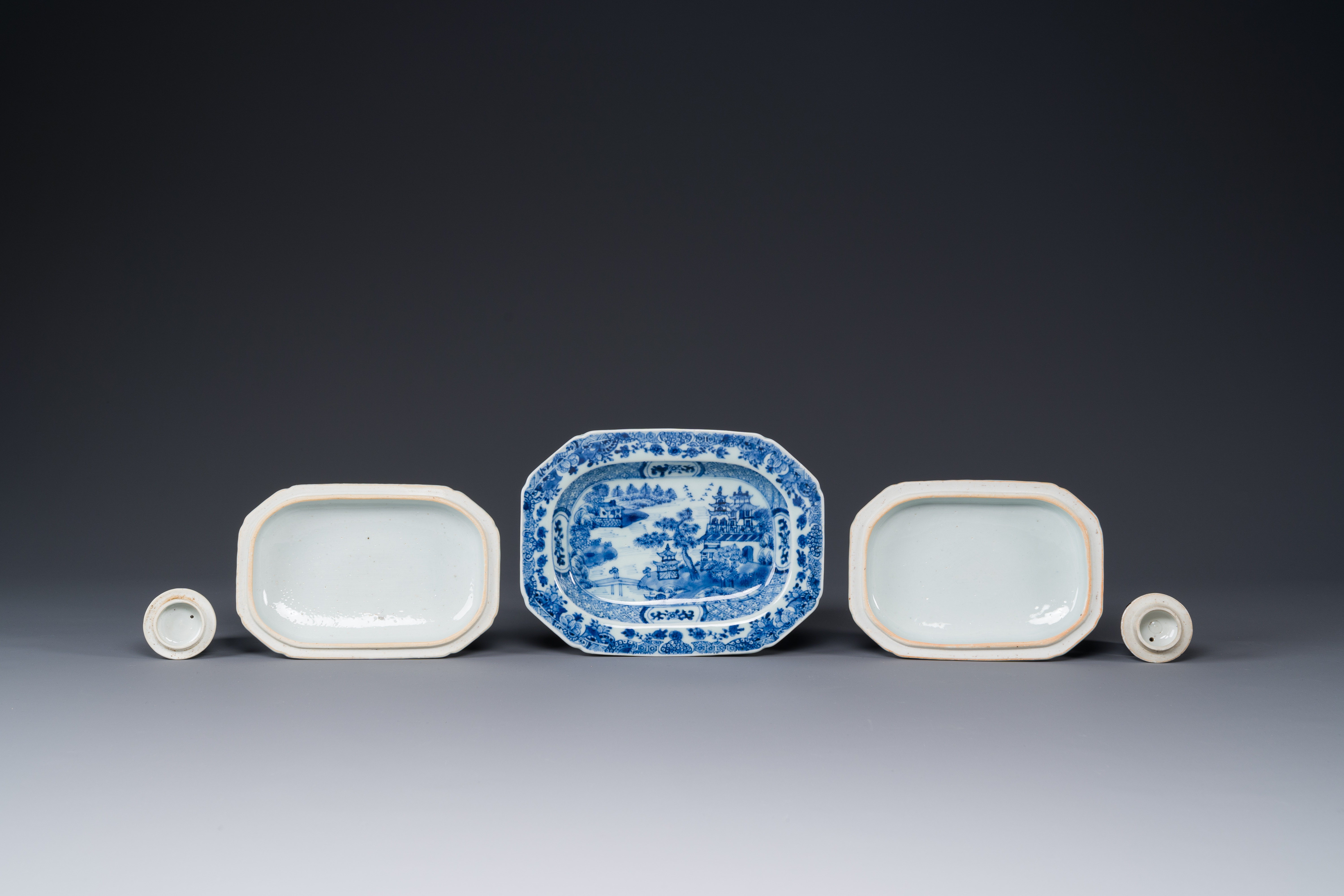 A pair of Chinese blue and white miniature chocolate jugs and three tureens, Qianlong - Image 5 of 5