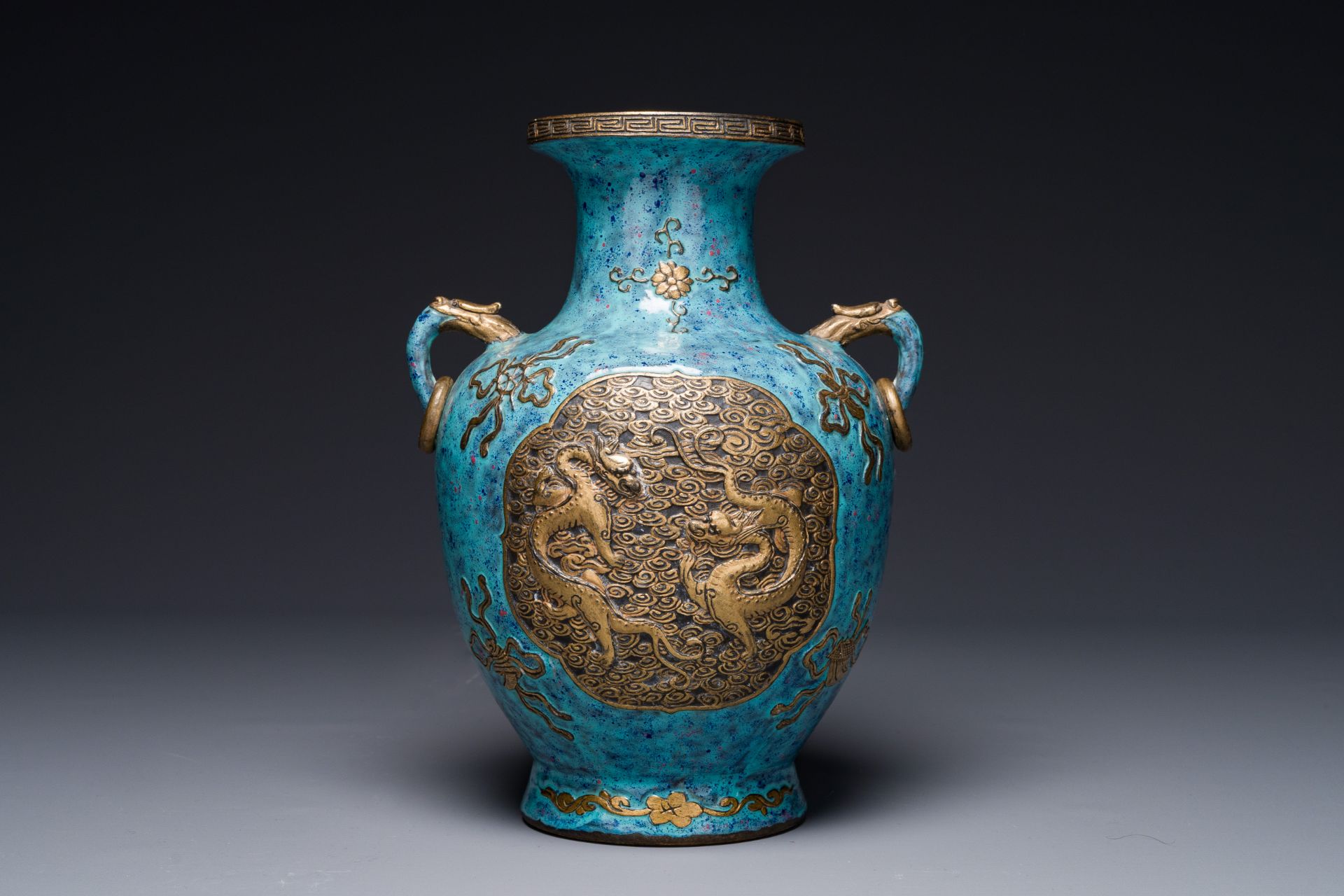 A Chinese 'robin's egg and imitation bronze'-glazed 'hu' vase, Qianlong mark, 19th C.