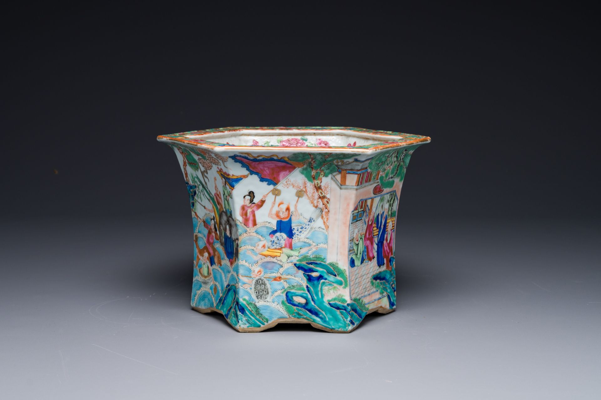 A very fine hexagonal Chinese Canton famille rose jardiniere, 19th C. - Image 2 of 9
