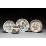 Three Chinese famille verte plates and a teapot, Kangxi