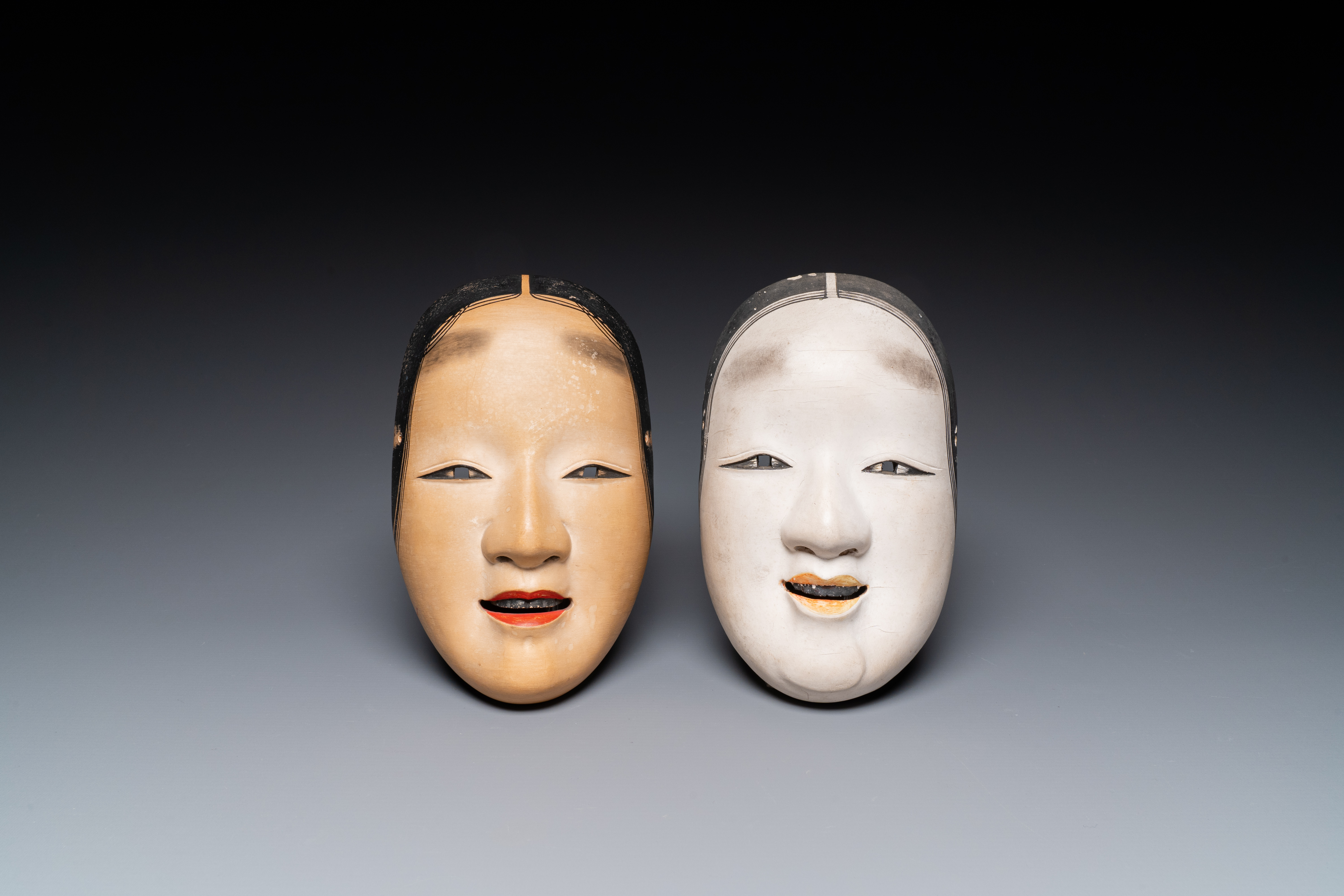 Two fine Japanese Noh masks of 'Waka Onna' and 'Manbi', Meiji, 19th C.