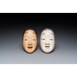 Two fine Japanese Noh masks of 'Waka Onna' and 'Manbi', Meiji, 19th C.