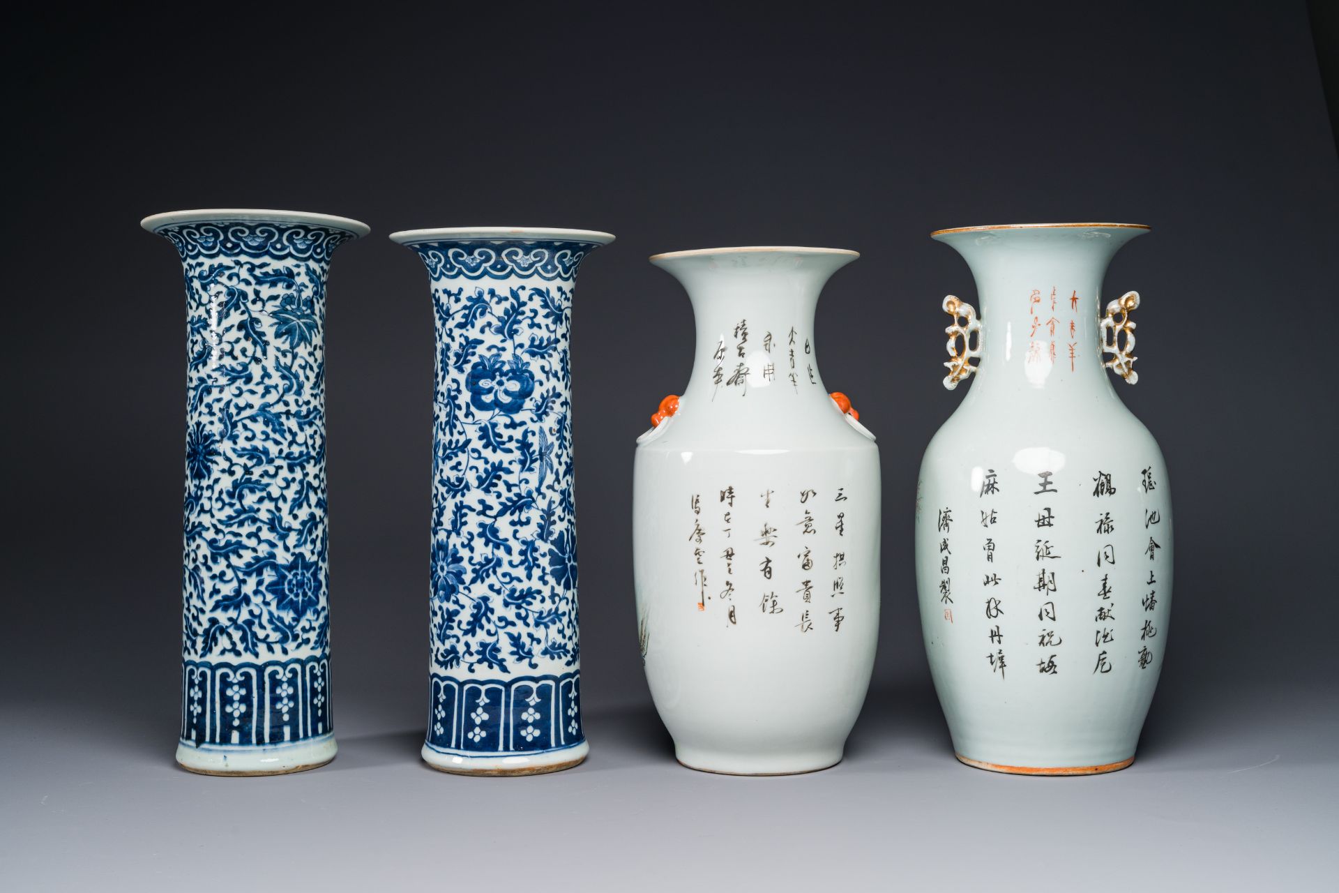 A pair of Chinese blue and white vases and two qianjiang cai vases, 19/20th C. - Image 3 of 4