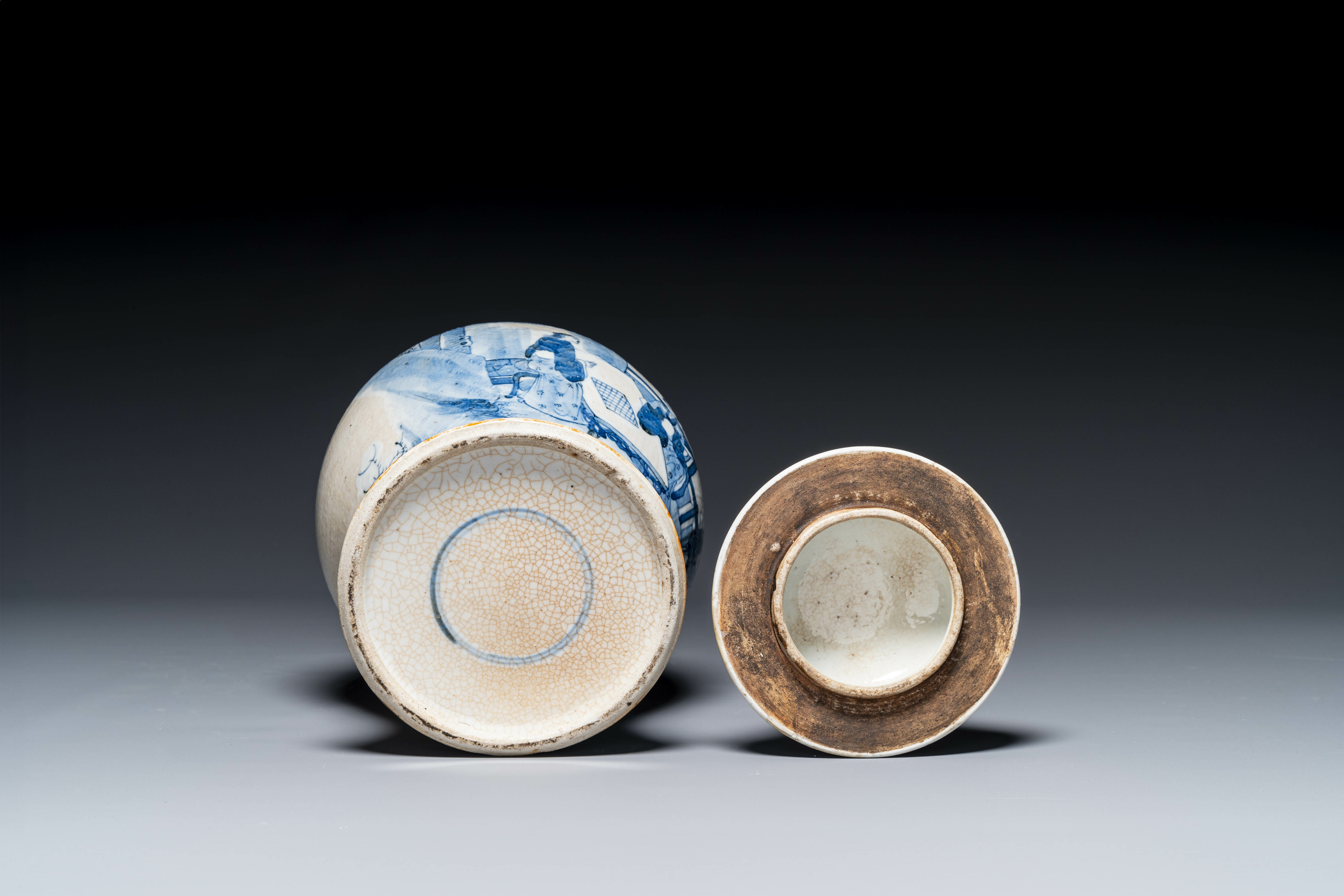 A Chinese celadon-ground blue and white dish and a vase and cover, Chenghua mark, 19th C. - Image 4 of 4