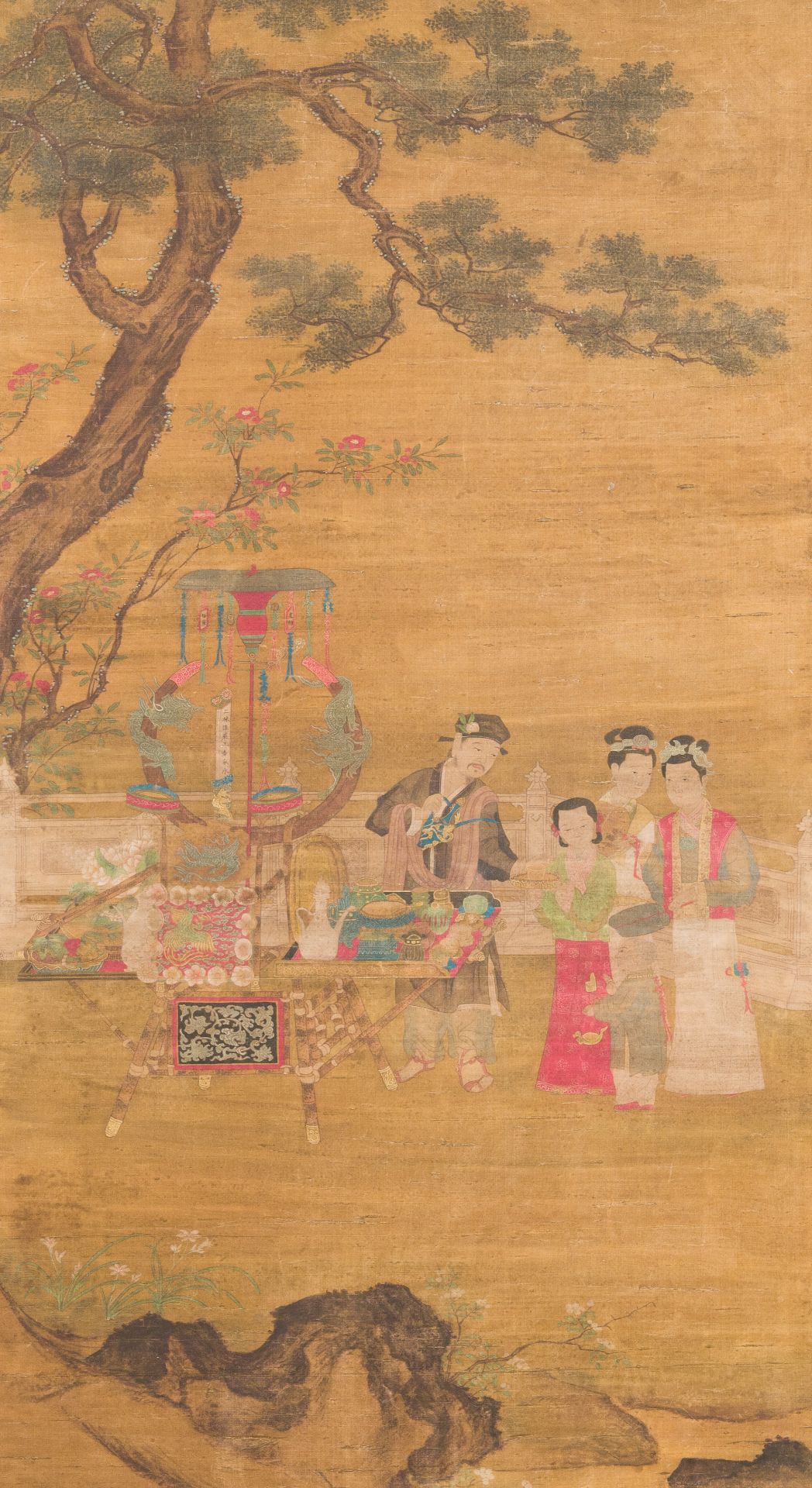 Chinese school: 'Gathering under the pine', ink and colour on silk, 18/19th C.