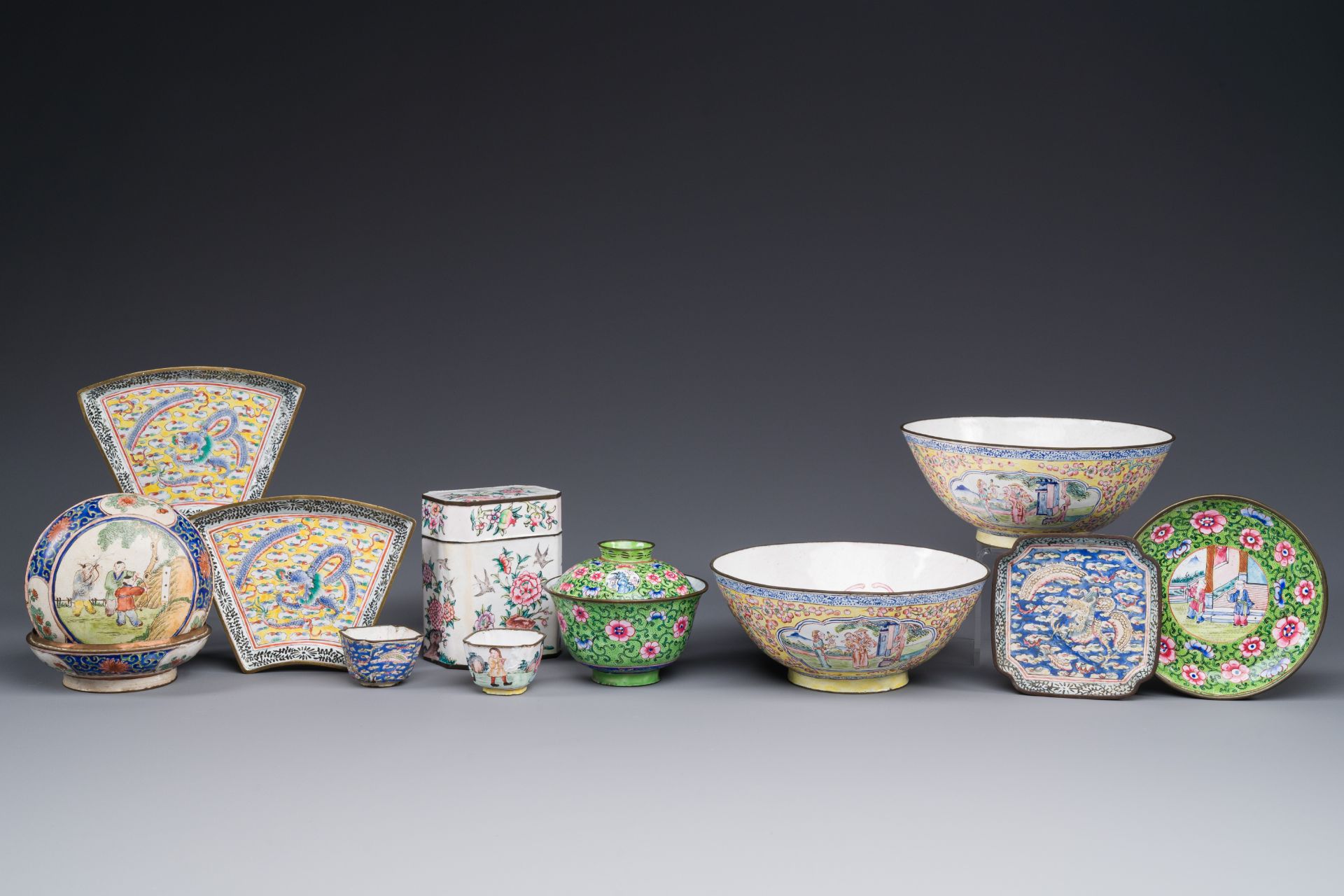 A varied collection of Chinese Canton enamel utensils, 19th C.