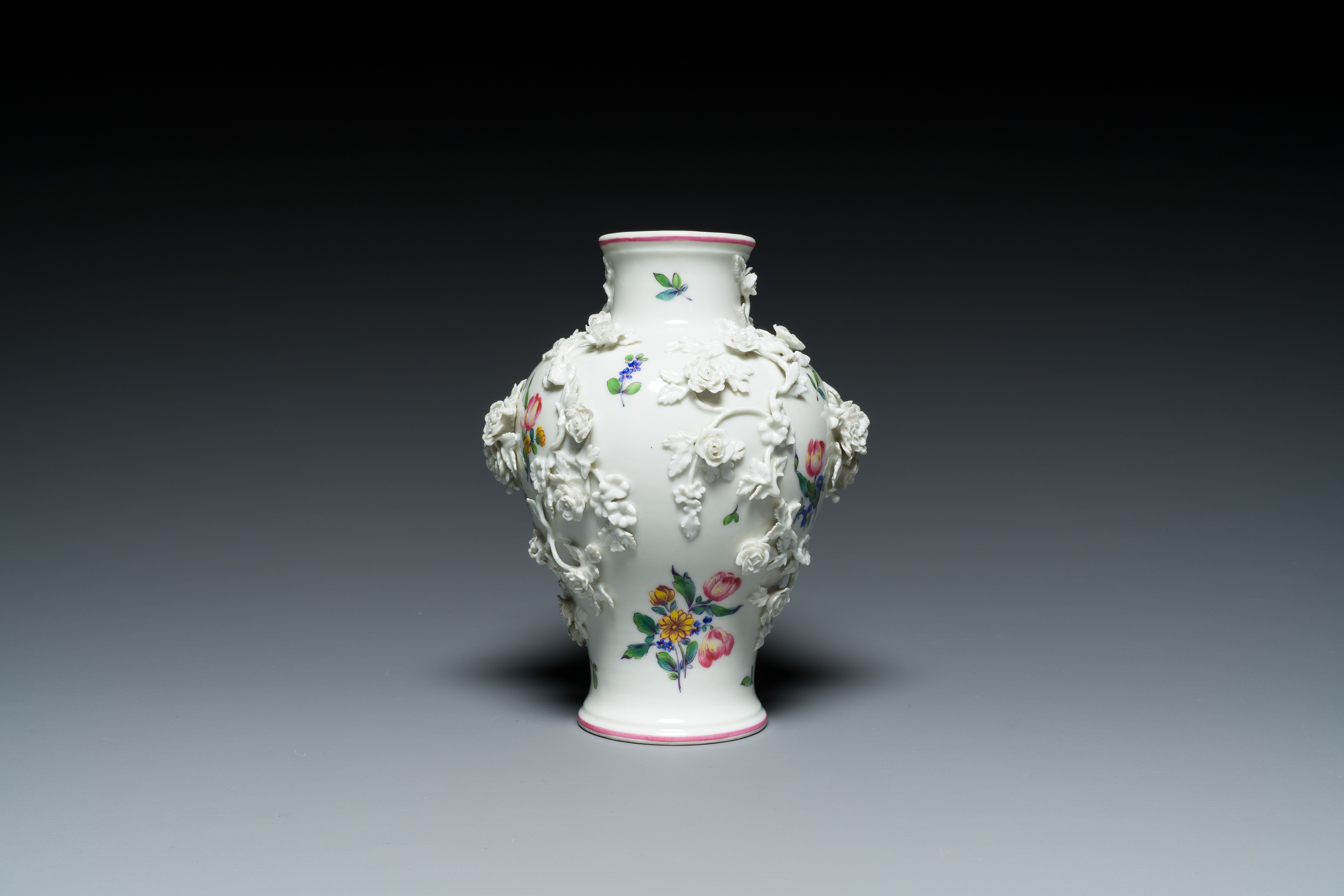 A Mennecy vase with applied floral design, France, DV mark, 18th C. - Image 9 of 16