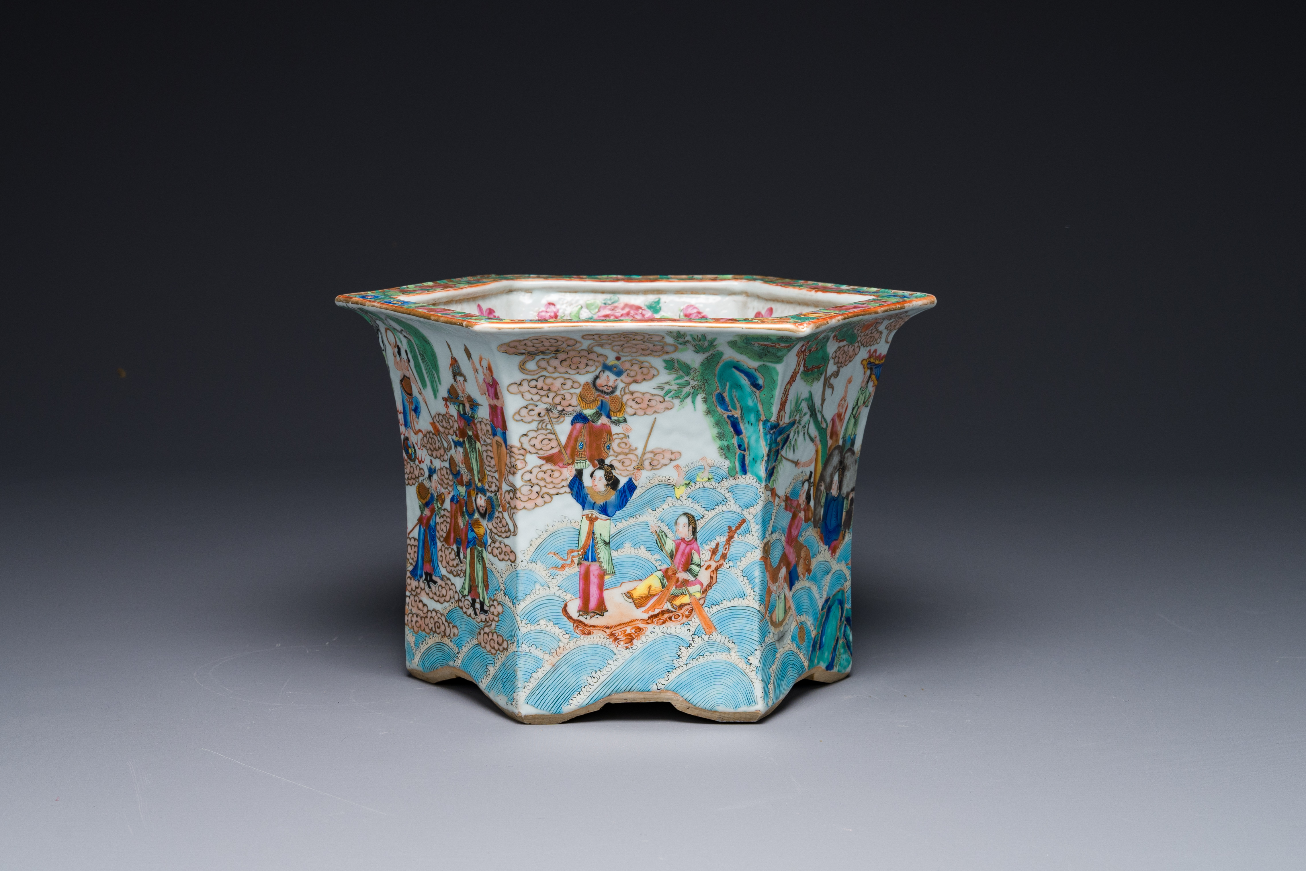 A very fine hexagonal Chinese Canton famille rose jardiniere, 19th C. - Image 6 of 9