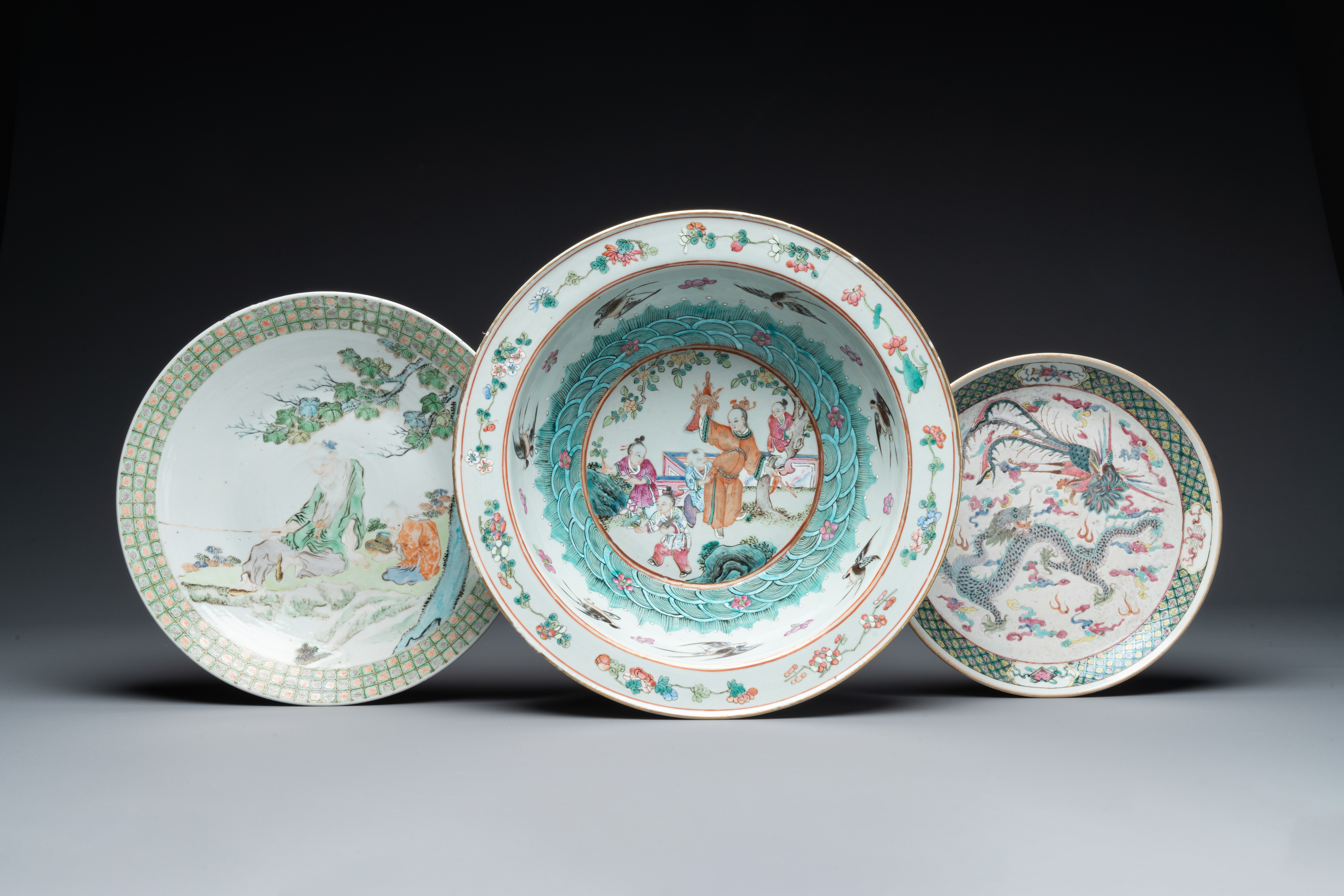 A Chinese famille verte dish, a famille rose basin and a dish, 19th C.