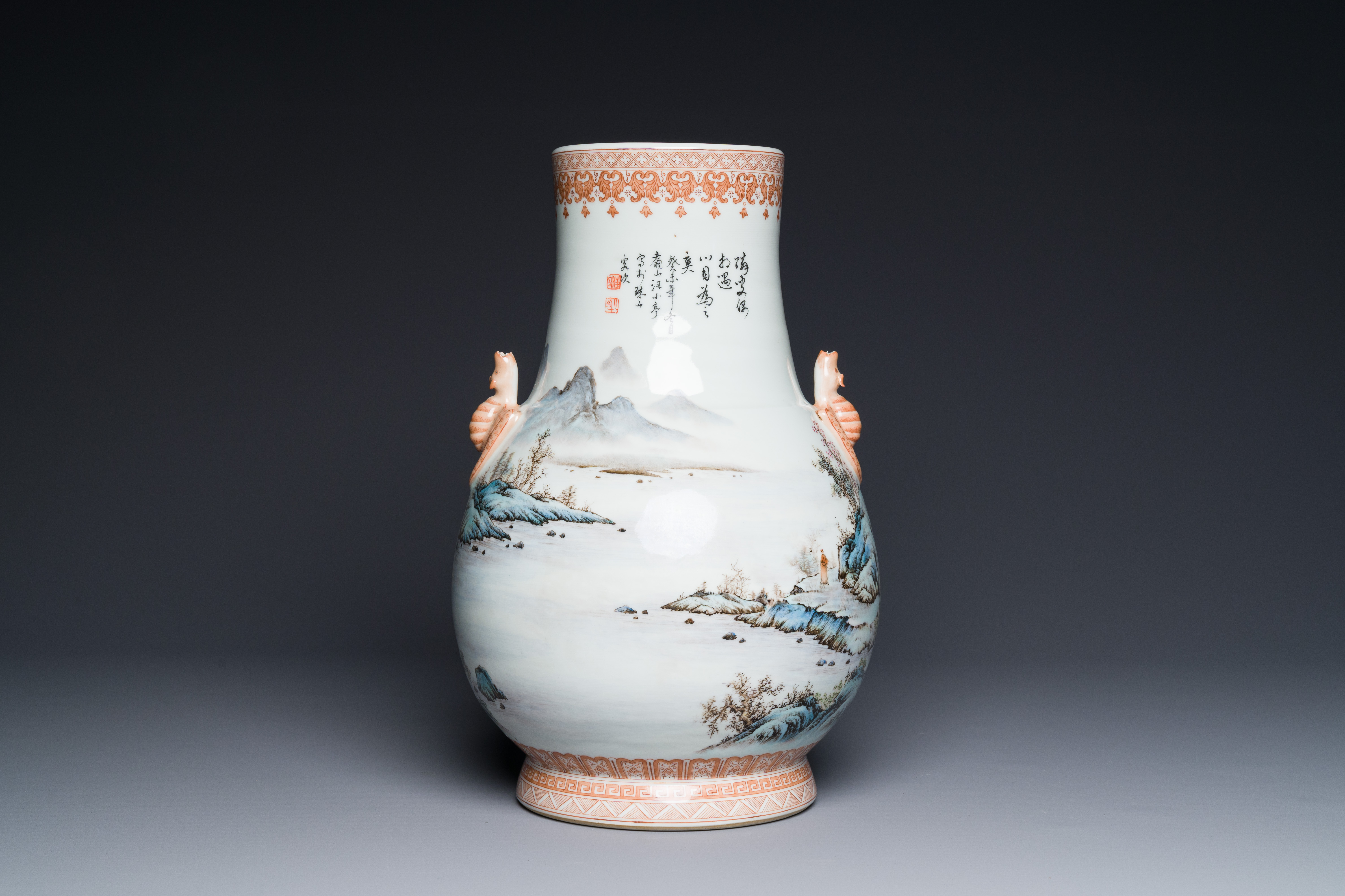 A Chinese famille rose 'hu' vase with mountainous landscape, signed Wang Xiaoting æ±ªå°äº­, dated 1 - Image 3 of 6