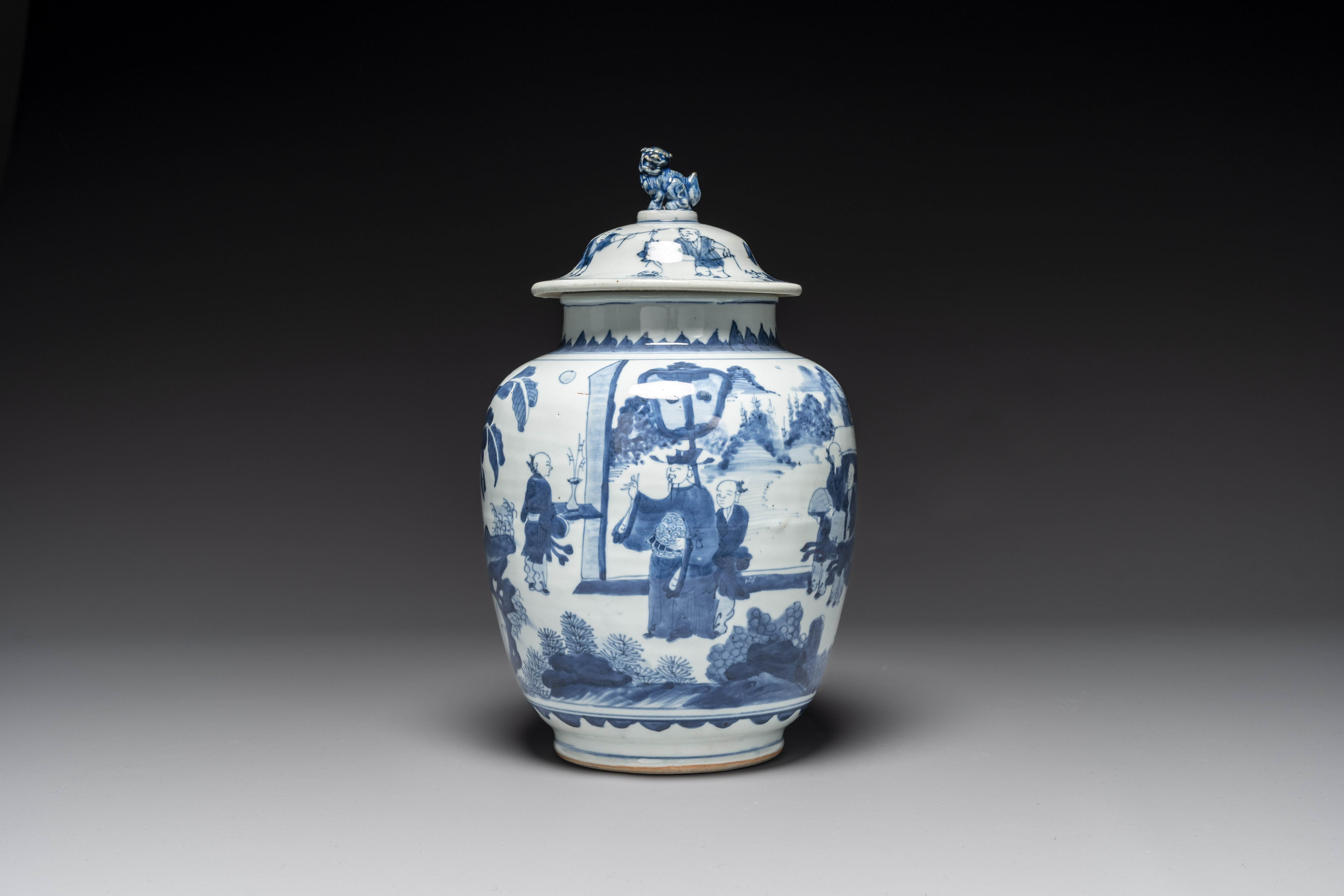 A Chinese blue and white 'Jia Guan Jin Jue åŠ å®˜æ™‰çˆµ' vase and cover, Transitional period