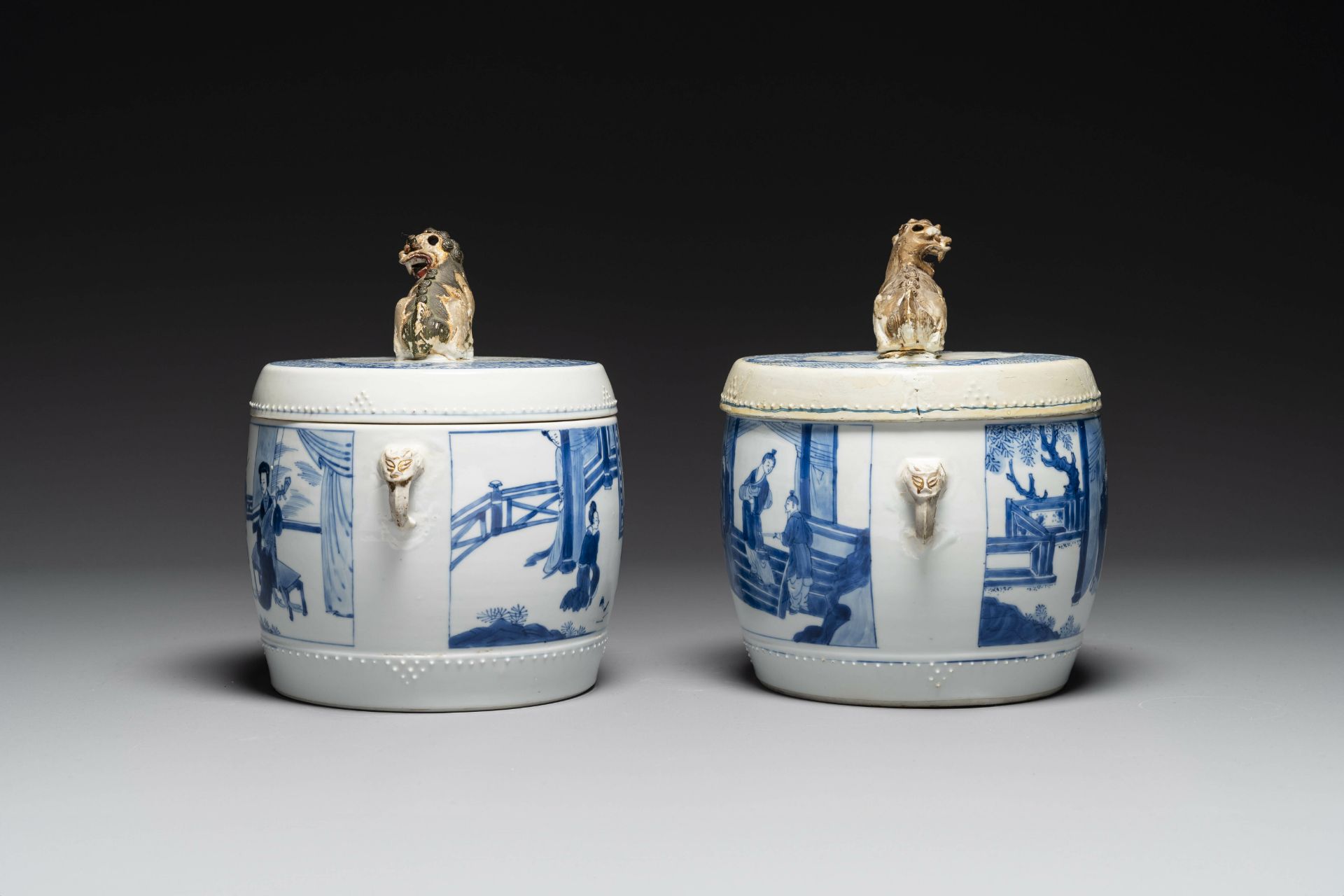 A pair of Chinese blue and white drum-shaped jars and cover, Jiajing mark, Kangxi - Image 6 of 8