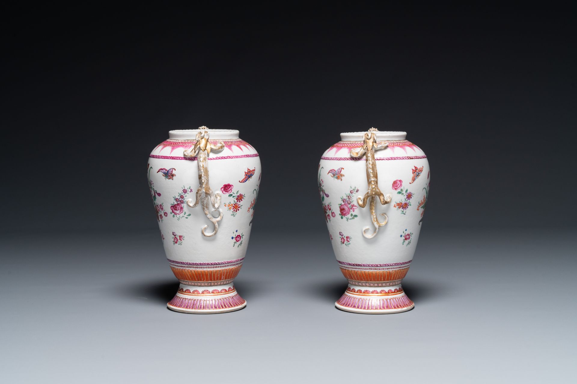 A pair of Chinese famille rose 'cornucopia' vases with chilong handles, Qianlong - Image 2 of 6