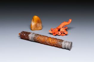 A red coral carving of birds, a yellow stone carving of a landscape and an incense holder, China, 19