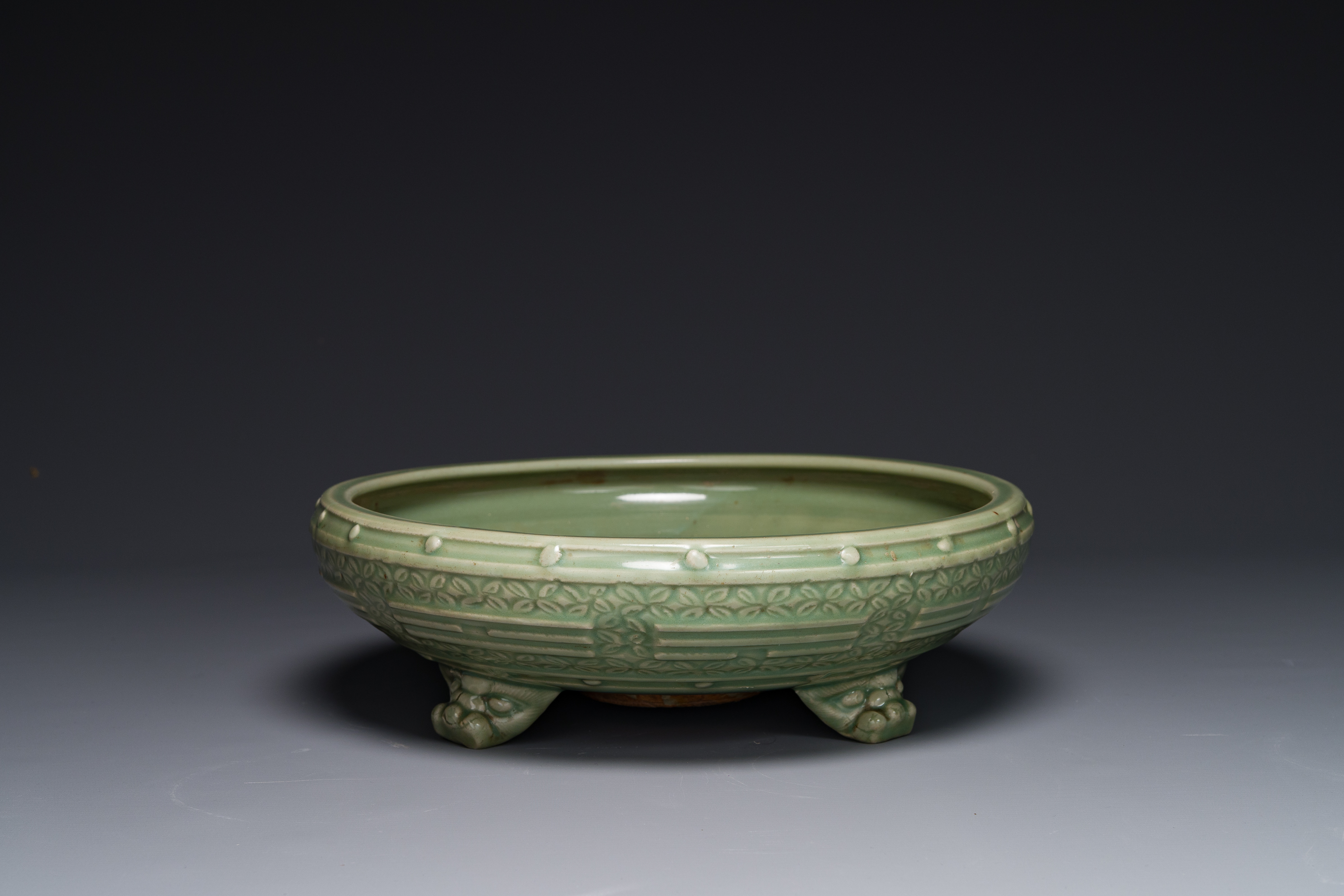 A large Chinese Longquan celadon 'trigrams' censer on wooden stand, Ming - Image 2 of 5