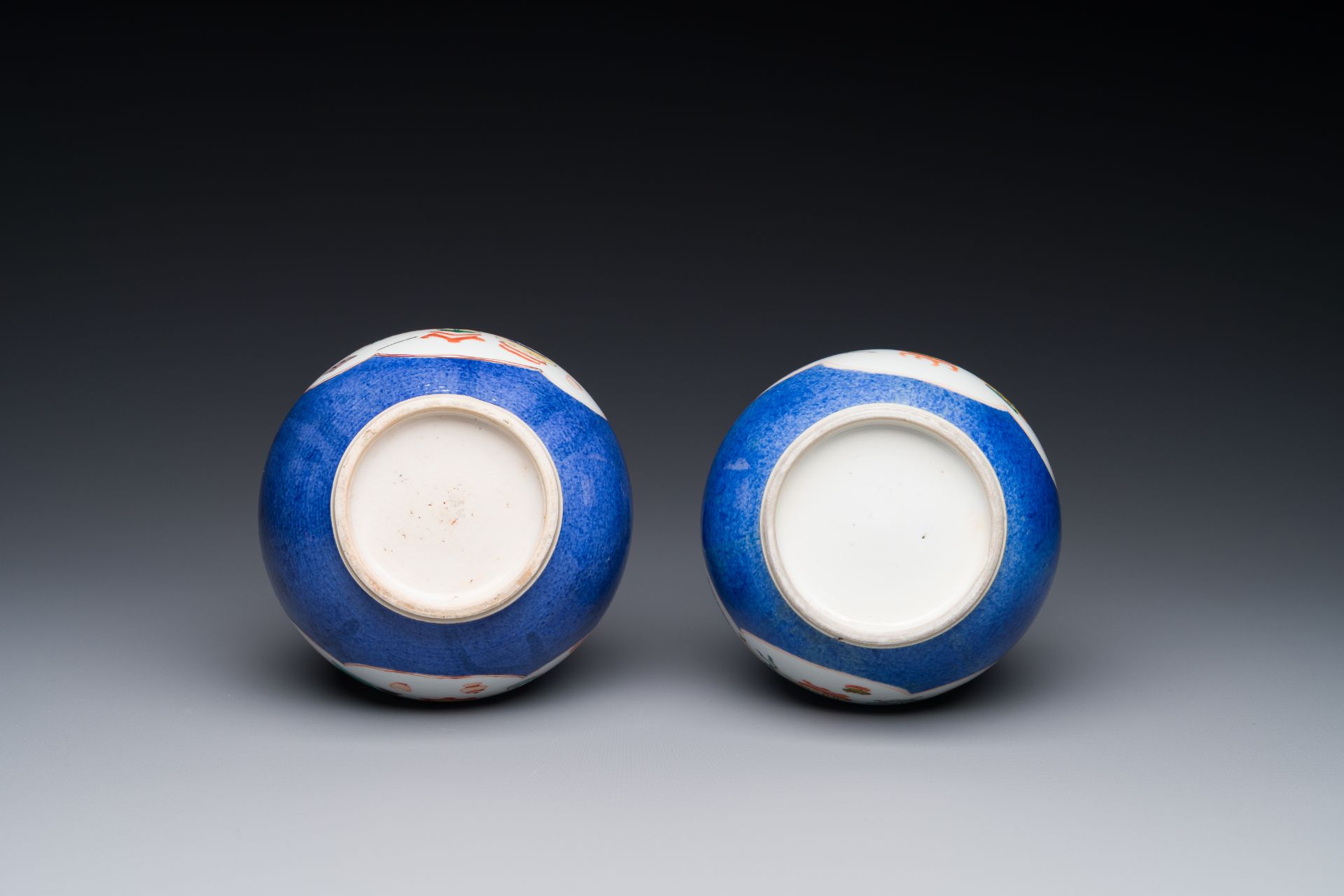 A pair of Chinese famille verte powder-blue-ground triple gourd 'antiquities' vases, Kangxi - Image 3 of 3