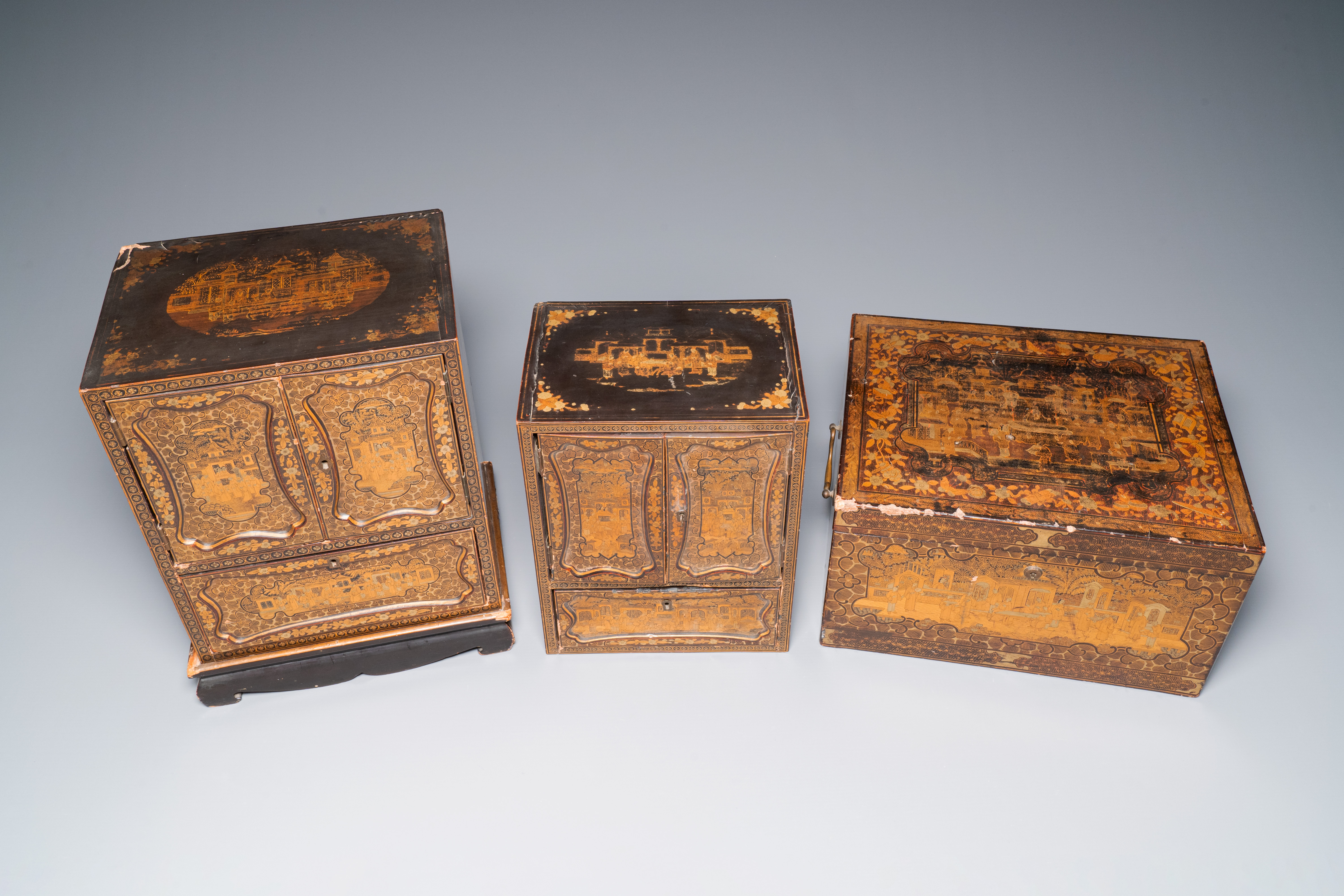 Two Chinese Canton gilt black lacquer miniature cabinets and a box, 19th C. - Image 6 of 10