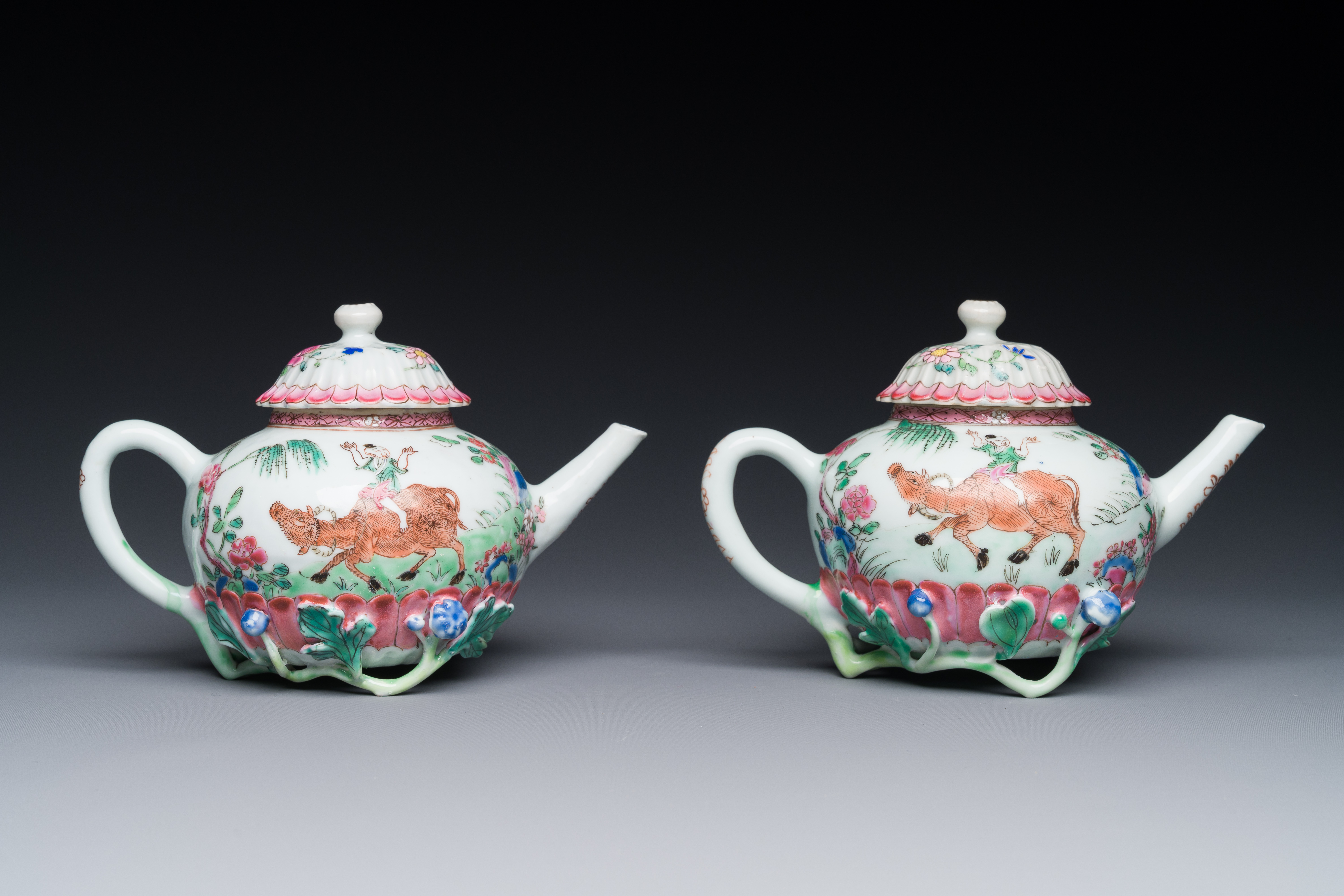 A pair of Chinese famille rose 'boy and buffalo' teapots, Yongzheng - Image 3 of 4