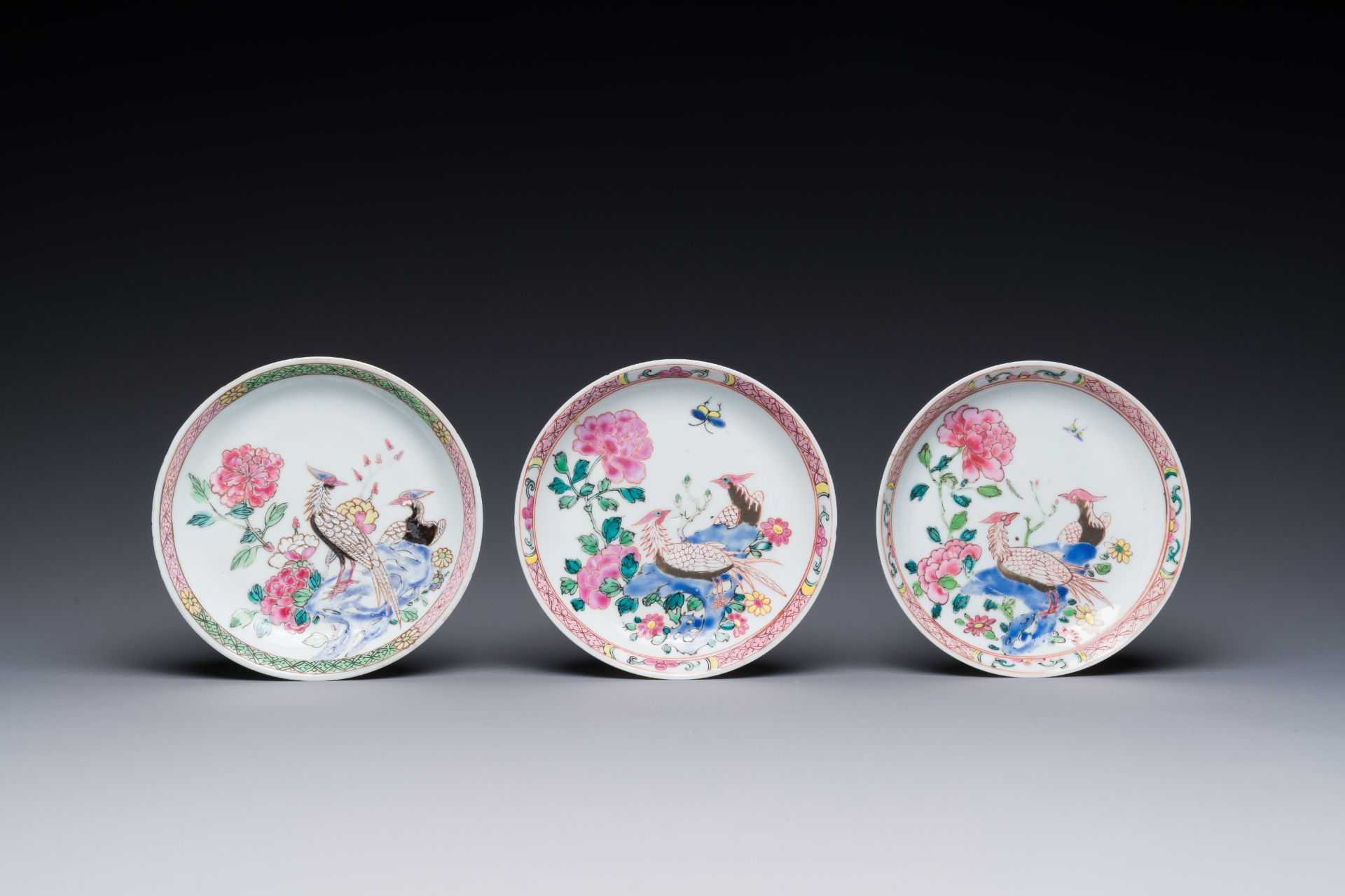 Three Chinese famille rose 'pheasant' cups and saucers, Yongzheng - Image 4 of 5