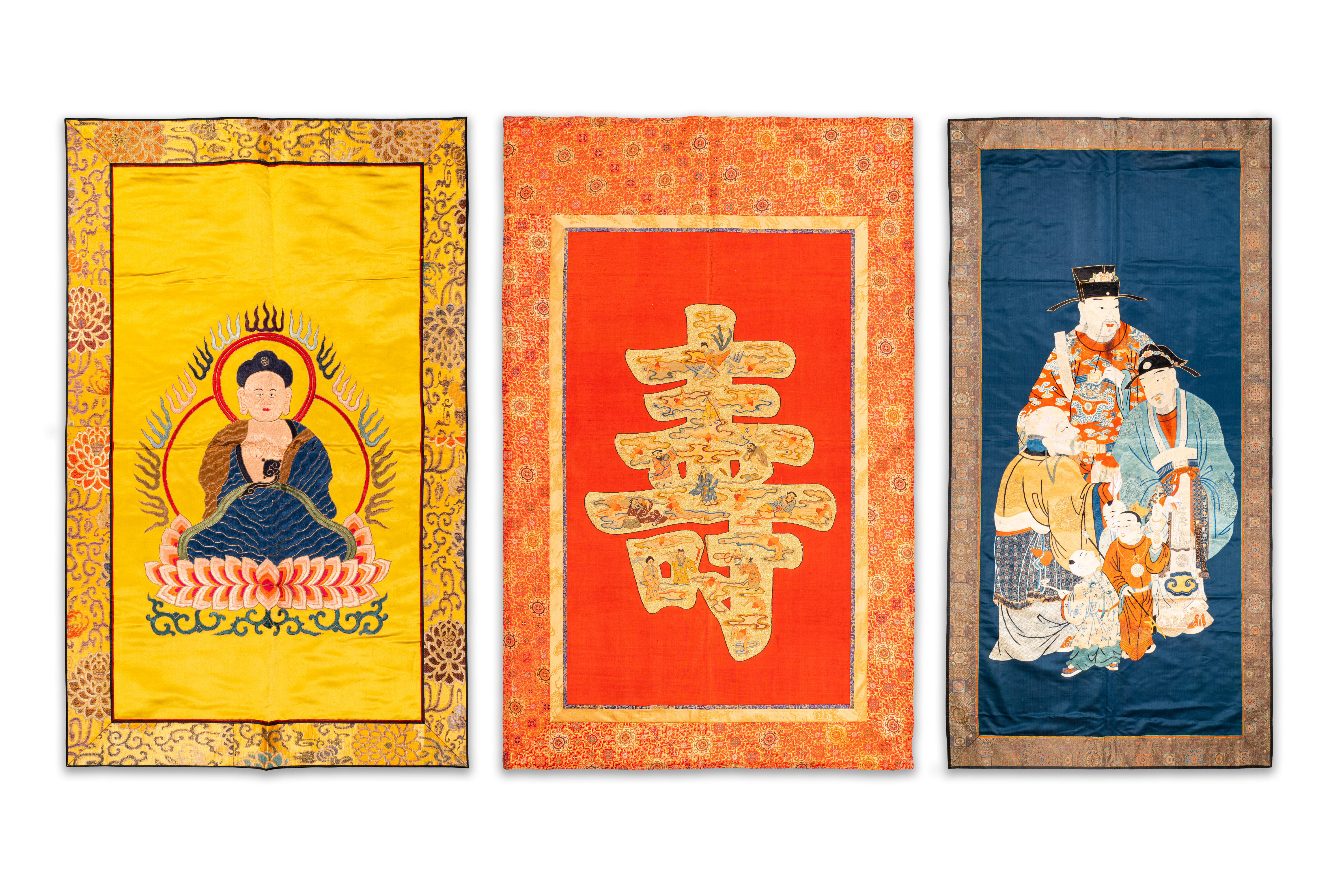 Three Chinese embroidered silk cloths with figural designs, 19/20th C.