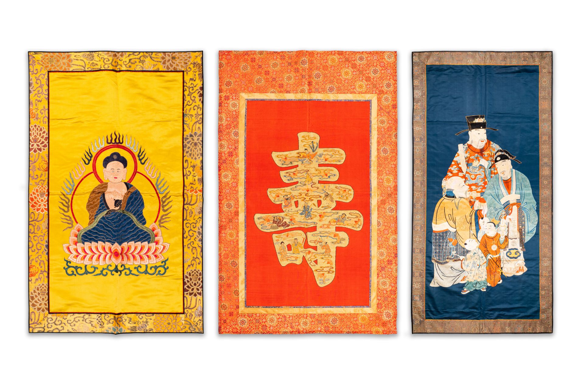 Three Chinese embroidered silk cloths with figural designs, 19/20th C.