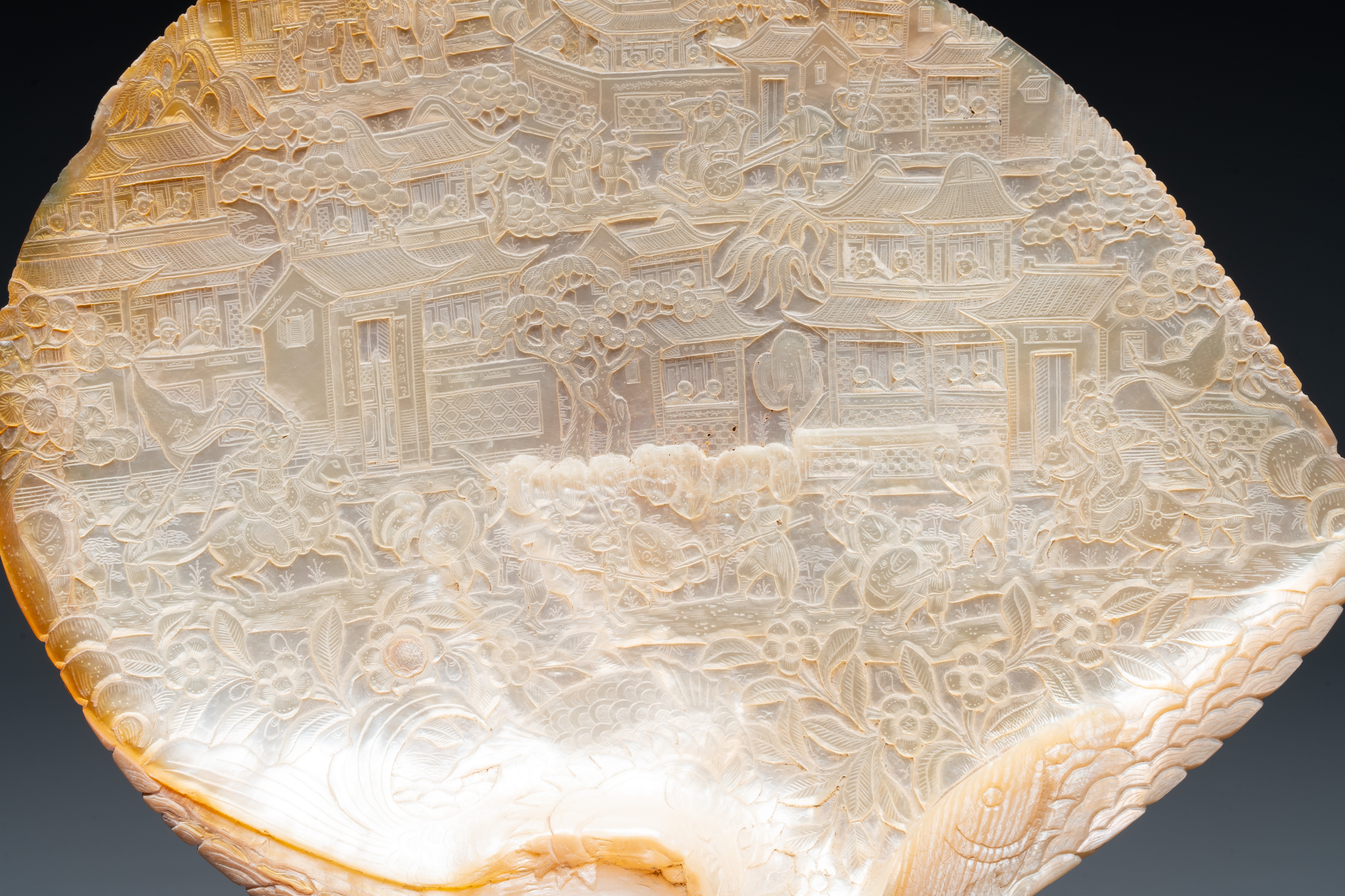 Five Chinese carved mother-of-pearl shells on wooden stands, Canton, 19th C. - Image 6 of 7