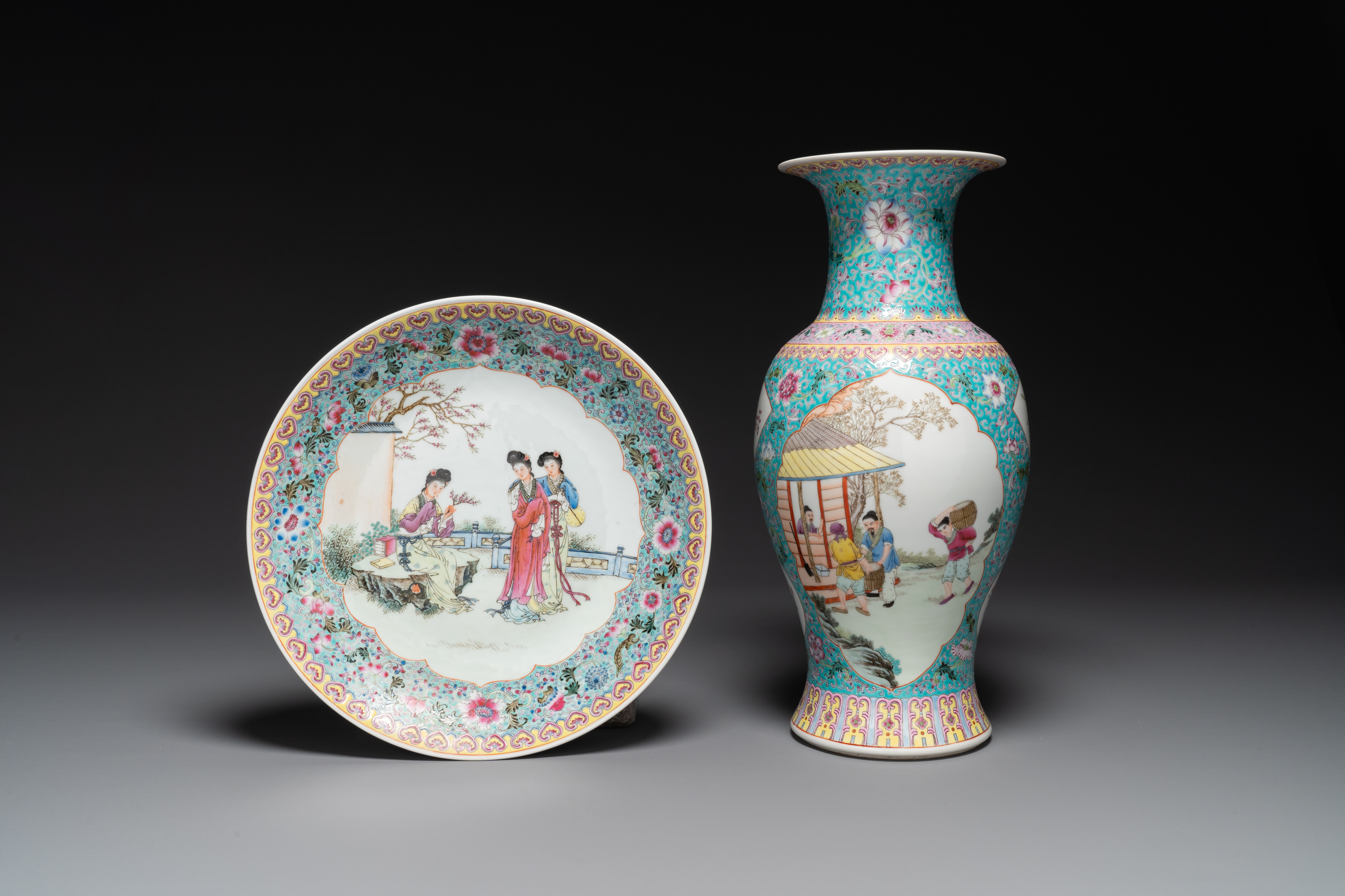 A Chinese famille rose dish with figural design and a 'rice production' vase, Qianlong mark, 20th C.