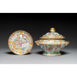 A Chinese Canton famille rose tureen and cover and matching plate, 19th C.