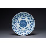 A large Chinese blue and white 'Bats and longevity' dish, 19th C.